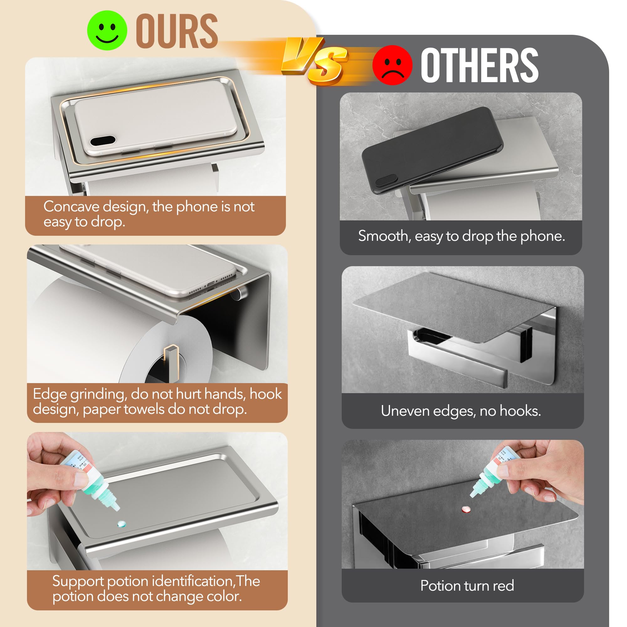 AIKER SUS304 No Drill Toilet Paper Holder - Stainless Steel Wall Mounted Bathroom Tissue Roll Holder with 19.5