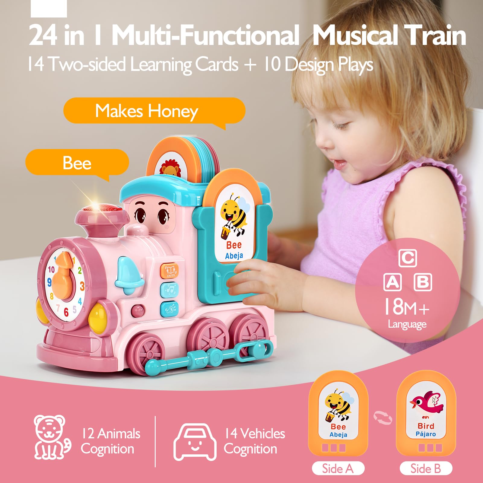 Educational Musical Train Toy for 1-2 Year Olds | Bilingual Talking Flash Cards (English/Spanish) | Toddler Learning Toys 12-18 Months | Perfect for Easter Gifts, Birthday Presents & Early Childhood Development