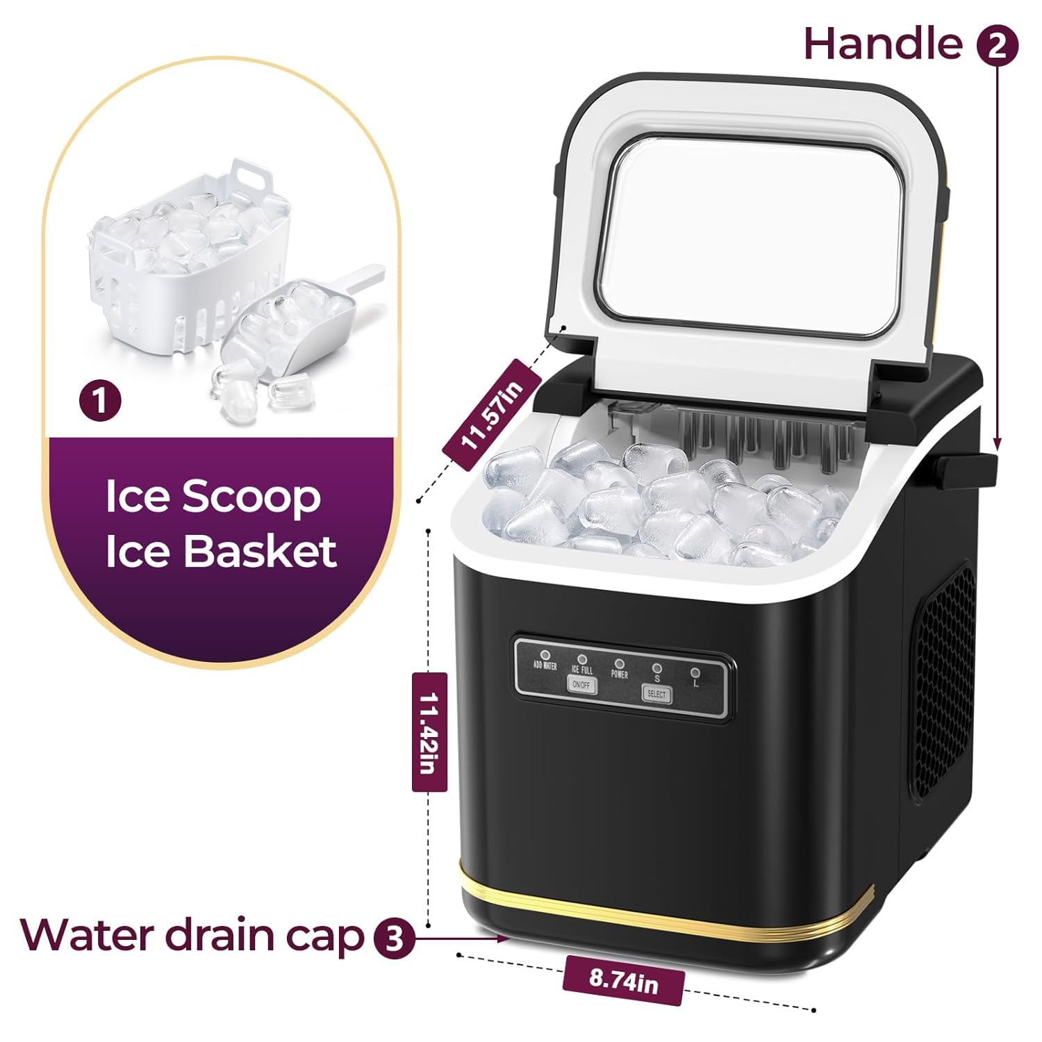 R.W.FLAME Portable Countertop Ice Maker Machine - 9 Bullet Ice Cubes in 6 Minutes, 26.5lbs/24Hrs, Self-Cleaning with Ice Basket & Scoop - Perfect for Home, Office, Kitchen, Bar, Party & Outdoor Use - Black
