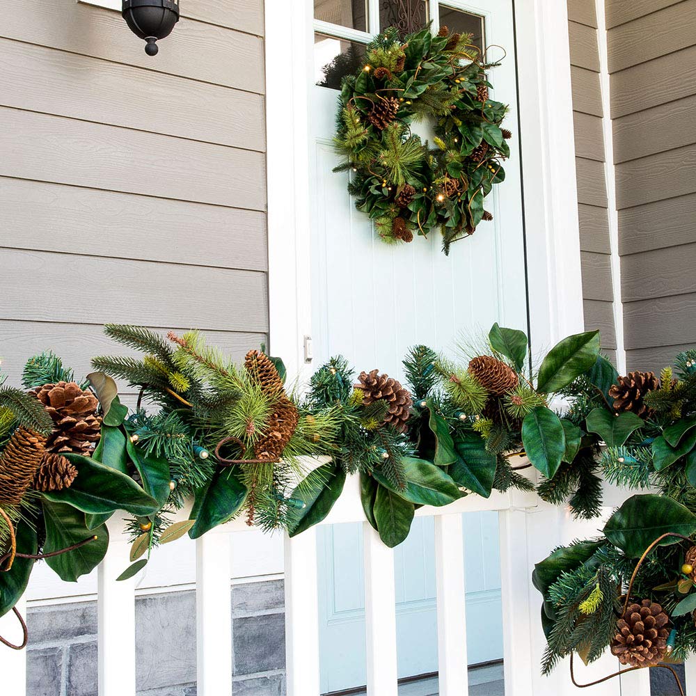 9 Foot Pre-Lit Artificial Christmas Garland with 100 Warm White LED Lights - Magnolia Leaf Collection - Battery Operated Remote Timer - Holiday Home Decor for Fireplace Mantel, Staircase & Christmas Tree Decoration