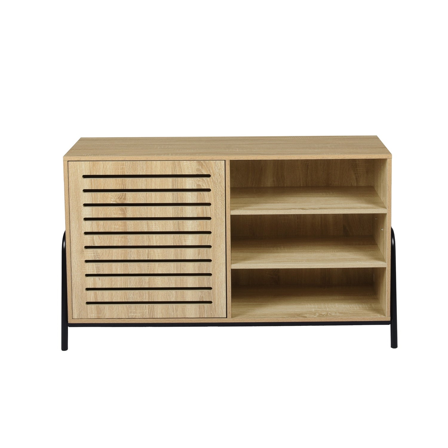 Beige Metal and Wood Sideboard with Oak Veneer - 5 Shelves Storage Cabinet for Living Room, Dining Room, or Entryway - Model Auro