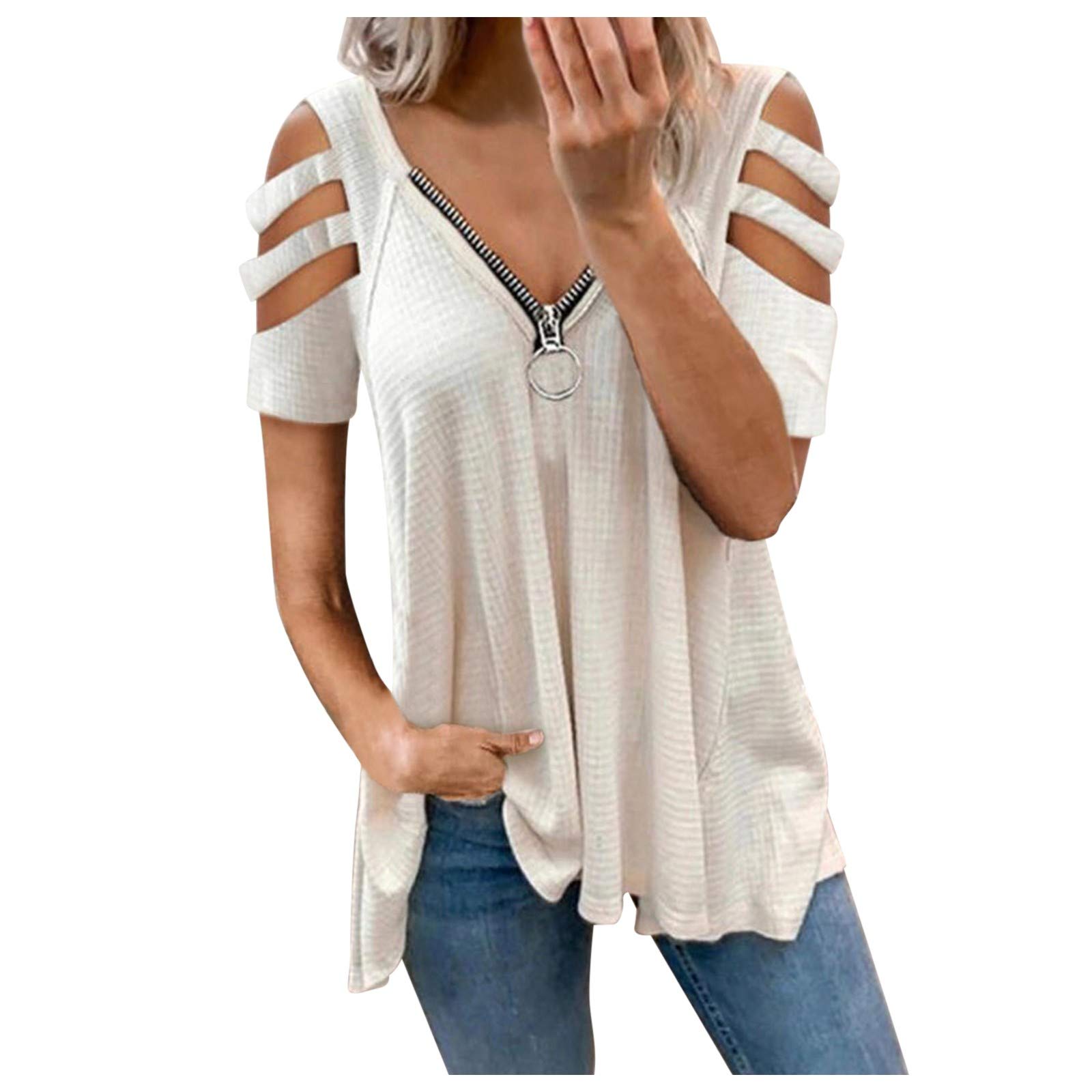 Qisemi Women's Summer Tops - Short Sleeve V-Neck Zipper Cold Shoulder Blouse T-Shirt in Pure Colors | Casual Wear, Beach Outfits & Summer Fashion