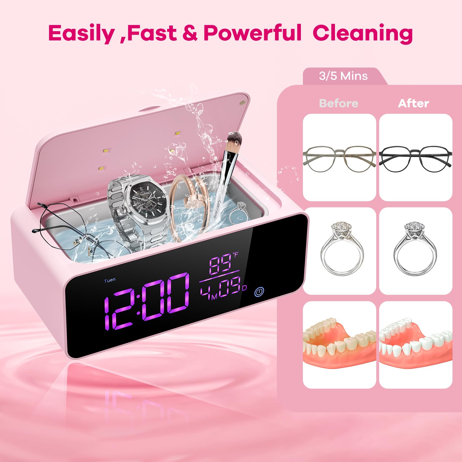 Professional Jewelry Cleaner Machine - 48KHz/24W Ultrasonic Cleaner with 500ml Stainless Steel Tank & LED Display | Perfect for Jewelry, Rings, Diamonds, Watches & Eyeglasses | Compact Tabletop Design with Alarm Clock (Pink) - Ideal for Home Use, Jewelry Stores & Gift Shops