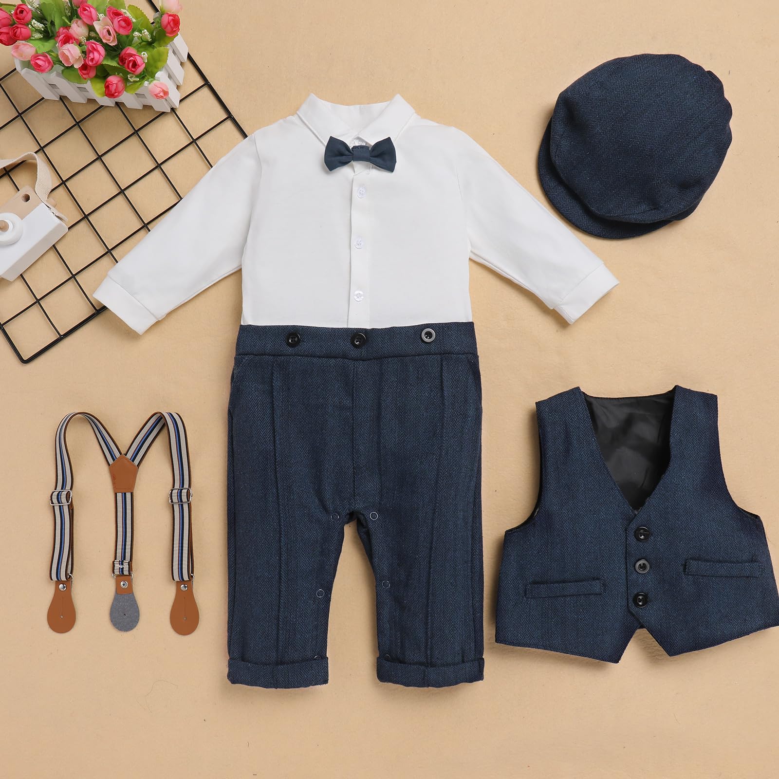 IDOPIP Baby Boy Gentleman Outfit - Formal Tuxedo Suit with Bowtie, Vest & Hat - Romper Overalls for Birthday, Wedding & Party | Perfect for Special Occasions & Photo Shoots