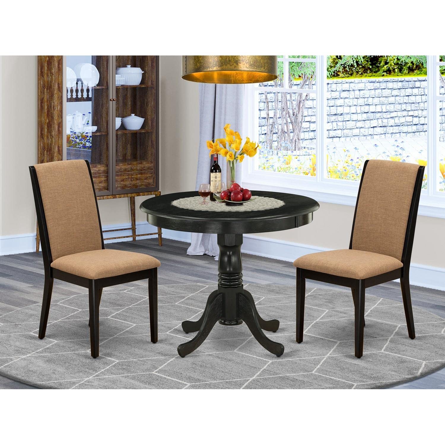 East West Furniture 3-Piece Round Dining Set - 36x36 Inch Pedestal Table & 2 Light Sable Linen Chairs, Wirebrushed Black Finish - Perfect for Small Kitchens, Breakfast Nooks & Cozy Dining Spaces