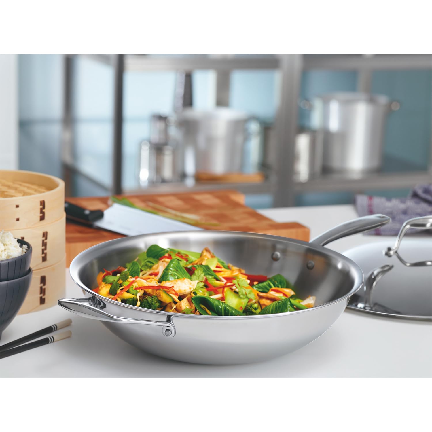 TRAMONTINA 12.6 Inch Stainless Steel Wok Pan with Lid - 3-Layer Induction Compatible Cookware for Stir Fry, Sauté & Deep Frying - Dishwasher Safe, Gas & Induction Stove Friendly - Perfect for Asian Cuisine & Home Cooking