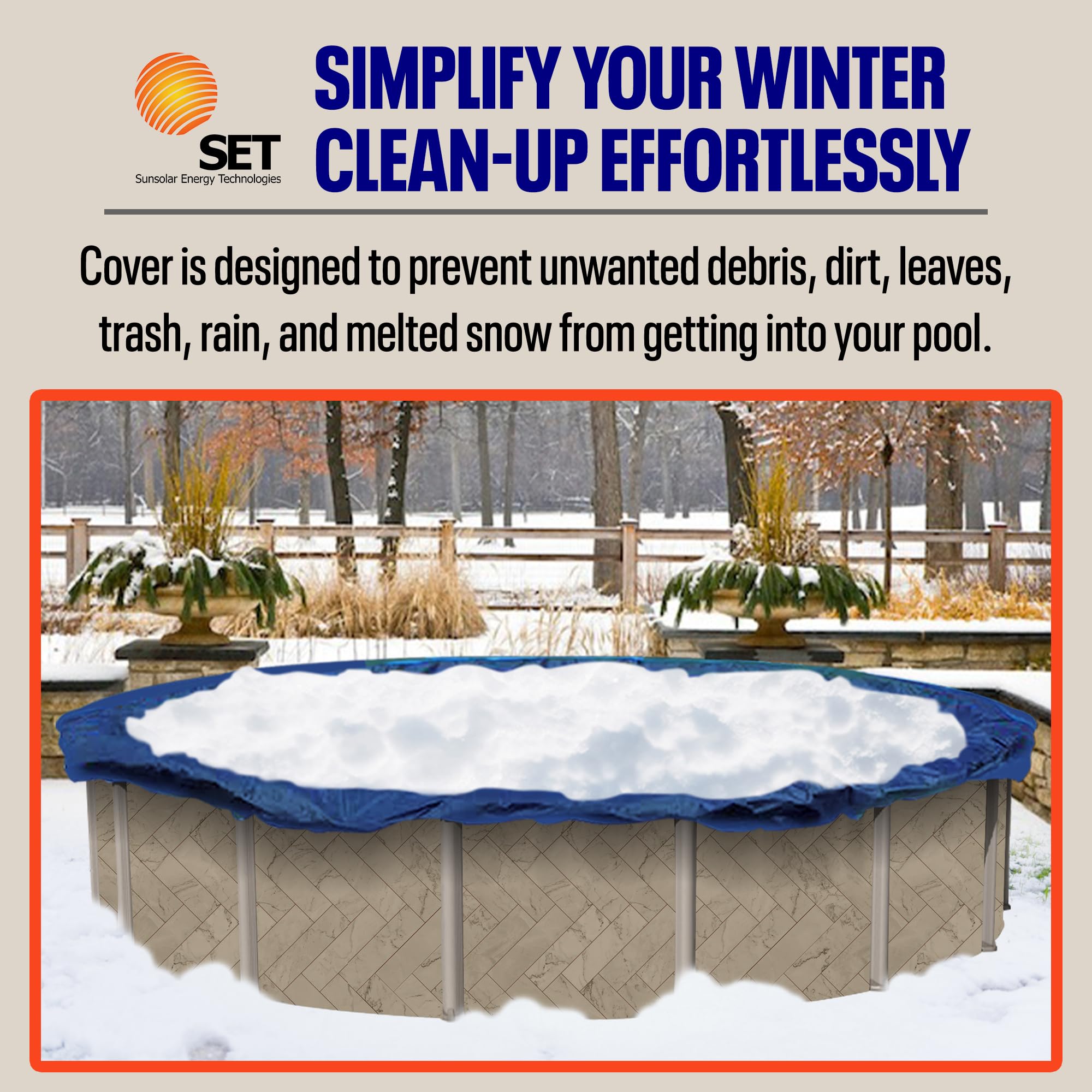 SET SunSolar Energy Technologies - Heavy Duty Above Ground Solid Pool Cover for 33ft Round Swimming Pools - Winter Protection with Reinforced Cable & Winch System - 15 Year Warranty - Includes Secure Clips - Perfect for Winter Pool Maintenance and Seasonal Protection