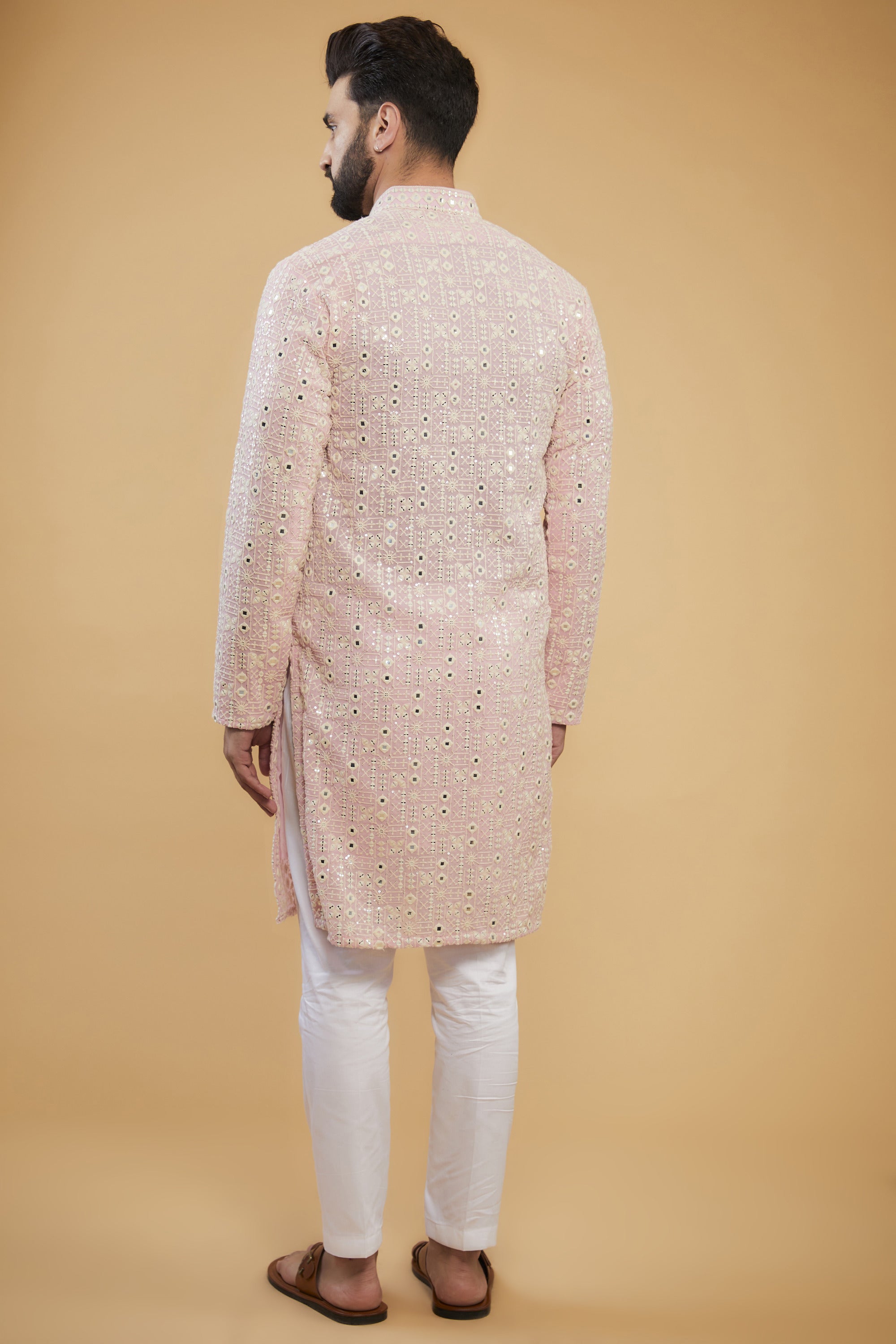 Elegant Pink Mirror Work Kurta with Intricate Neckline - Perfect for Festivals, Weddings & Ethnic Parties