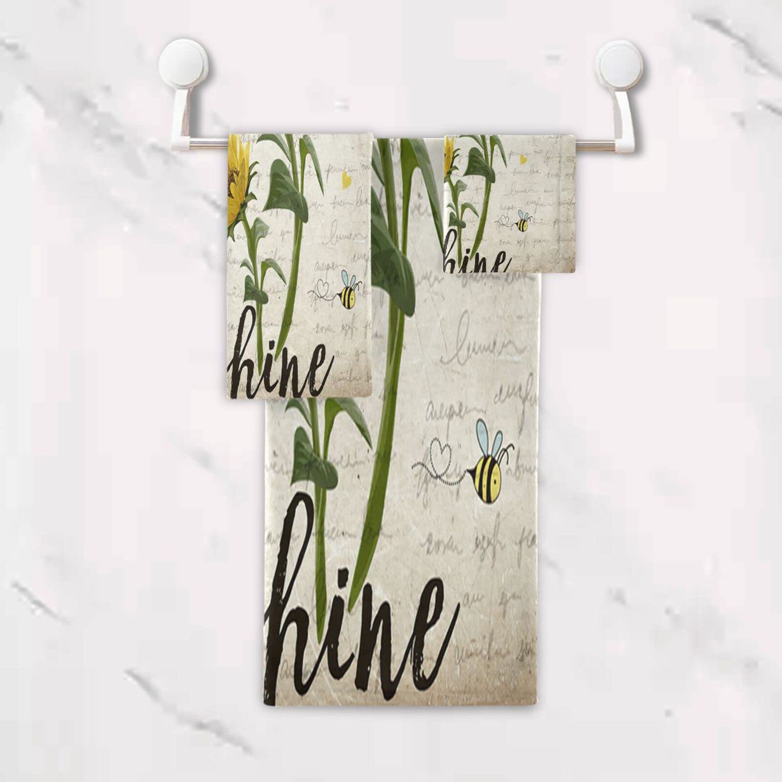 You Are My Sunshine Yellow Sunflower Honey Bees Retro Newspaper Soft Absorbent 3-Piece Bath Towel Set - 1 Bath Towel, 1 Hand Towel, 1 Washcloth - Perfect for Spa, Gym & Farmhouse Bathroom Decor