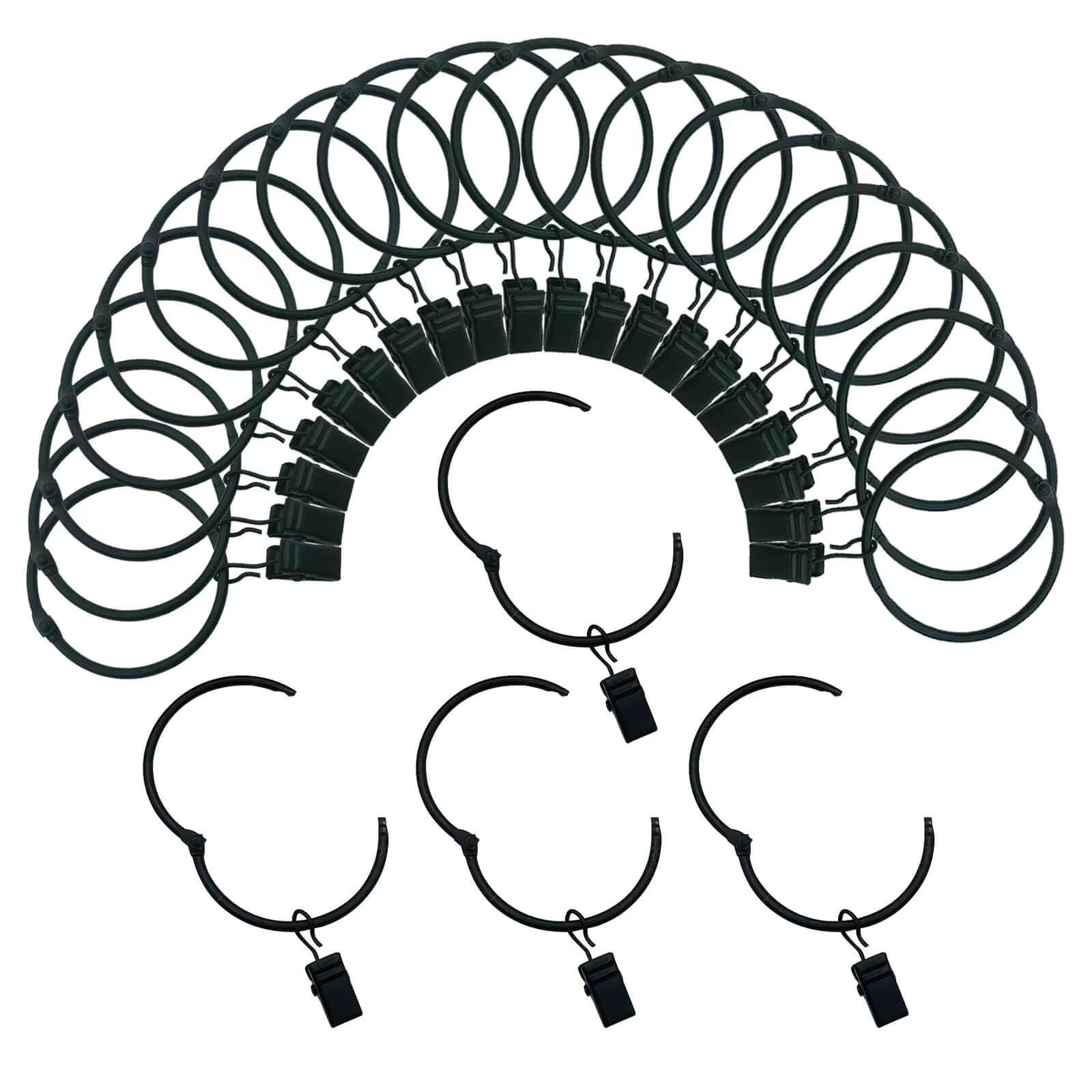 24 Pack Openable Curtain Rings with Clips - 1.25 Inch Interior Diameter, Rustproof Metal Hangers for Drapes, Vintage Black Decorative Rings | Perfect for Living Room, Bedroom & Window Treatments