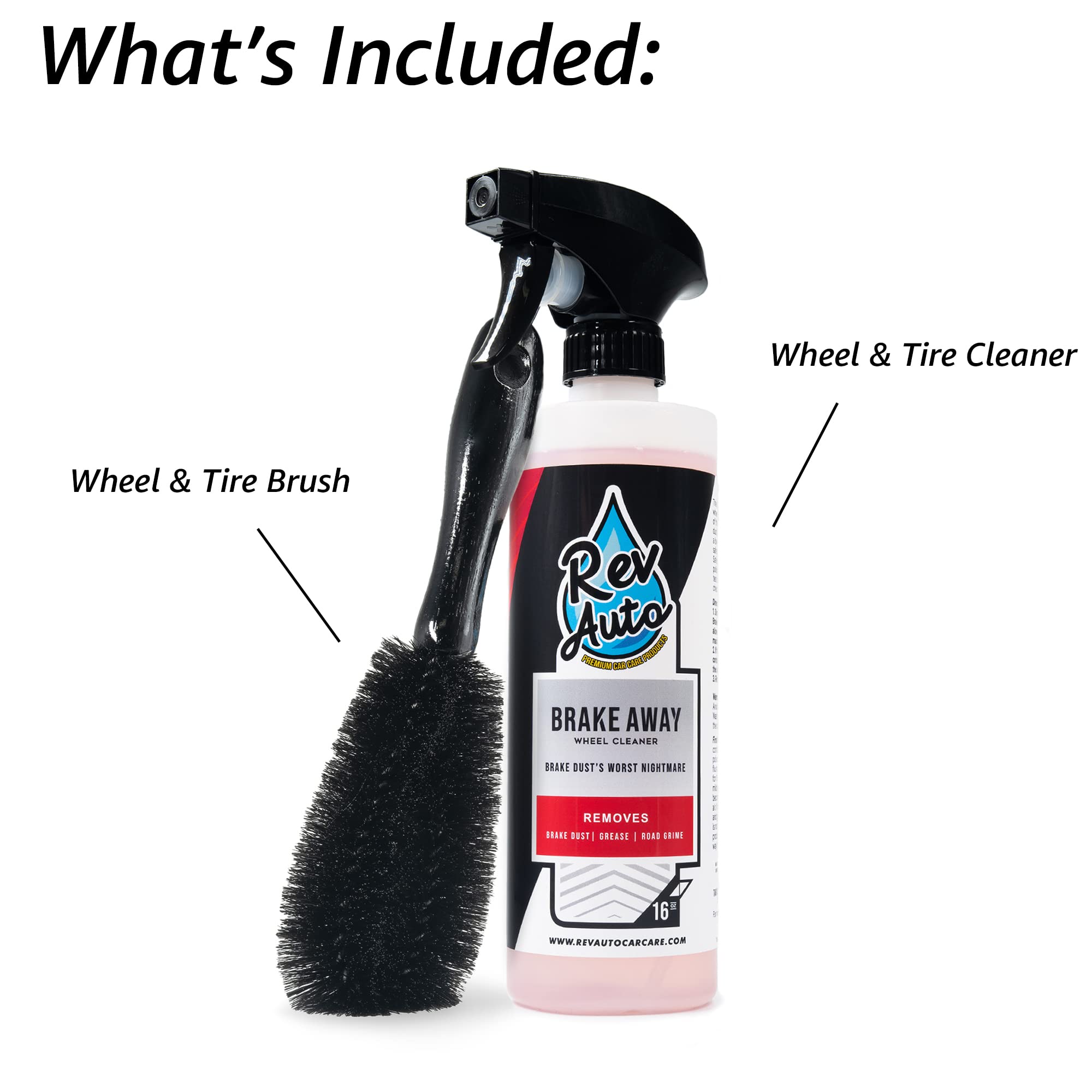 Rev Auto Wheel Cleaning Kit - 16oz Wheel & Tire Cleaner with Brush for All Vehicles - Perfect for Car Detailing, Auto Maintenance & Deep Cleaning Wheels at Home or Professional Use