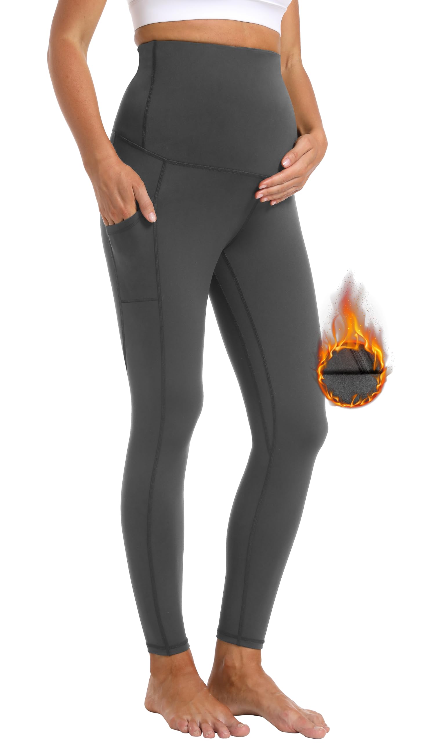 V VOCNI Maternity Fleece Lined Leggings with Pockets - Over The Belly Yoga Pants for Pregnant Women, Thermal Winter Workout Leggings, Soft Stretchy Comfort for Pregnancy & Postpartum - Perfect for Yoga, Gym, Running and Everyday Wear