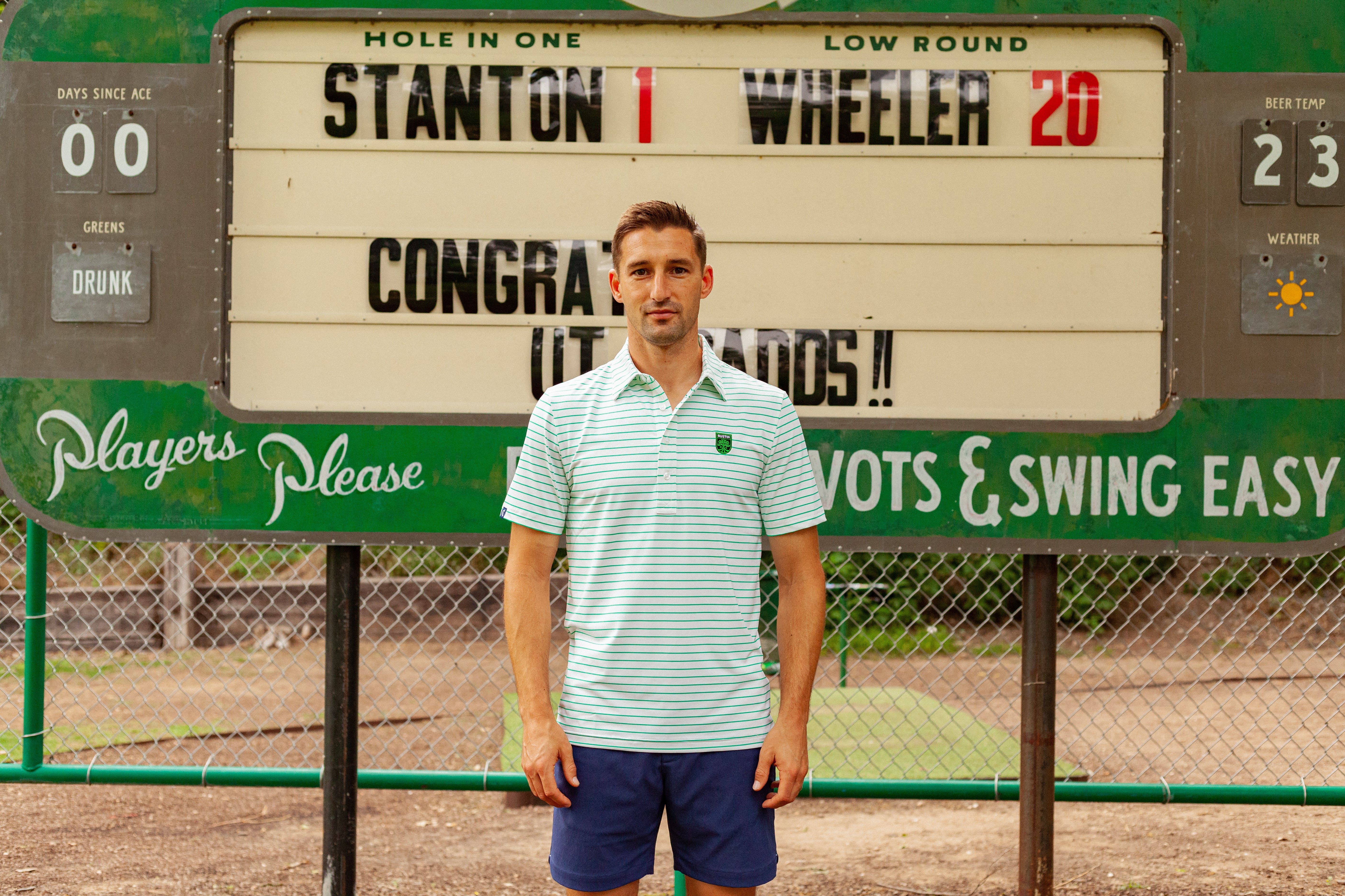 Austin FC Performance Sport Polo with Badge - White and Verde Stripe Soccer Jersey for Men | Game Day, Training & Casual Wear