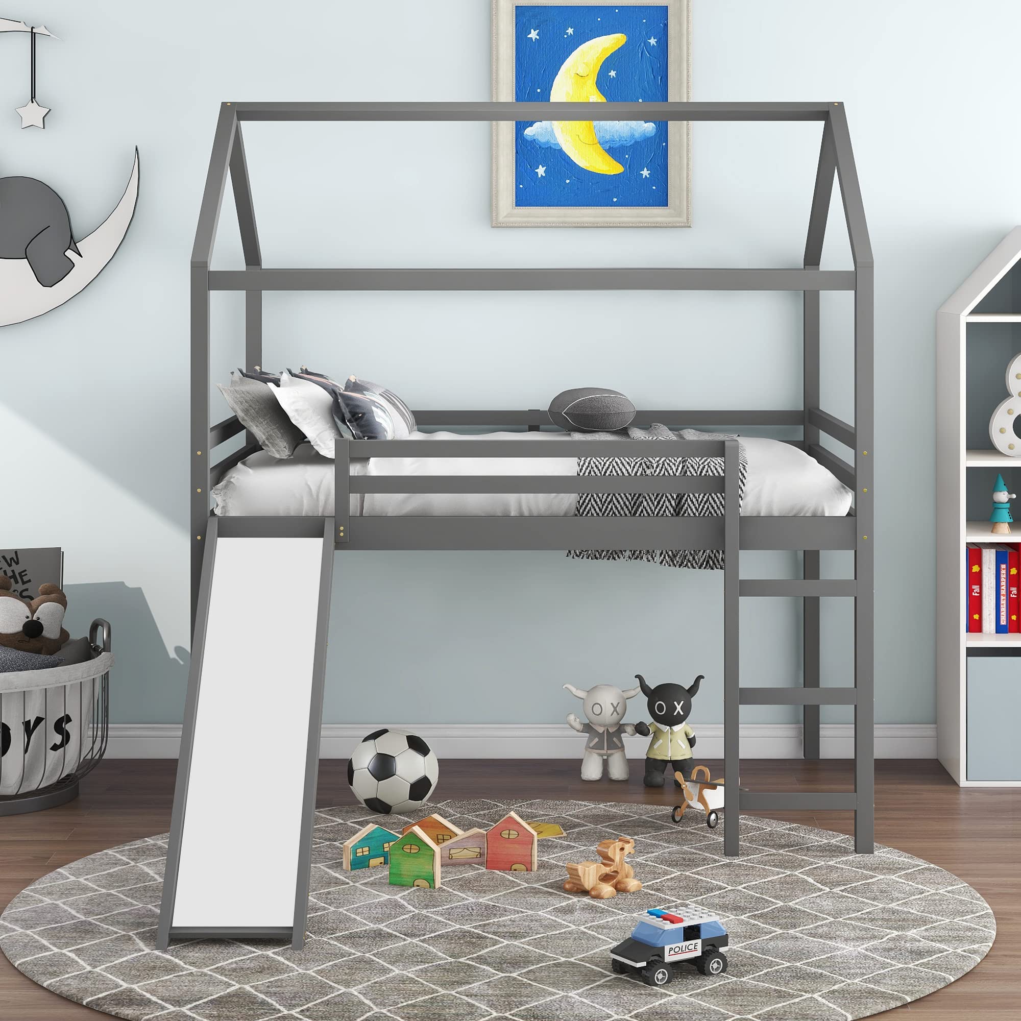 SIYAHOME Full Size Loft Bed with Slide & Ladder for Kids - Space Saving House Bed with Safety Guard Rail, No Box Spring Needed, Gray - Perfect for Small Bedrooms, Playrooms & Kids' Sleepovers