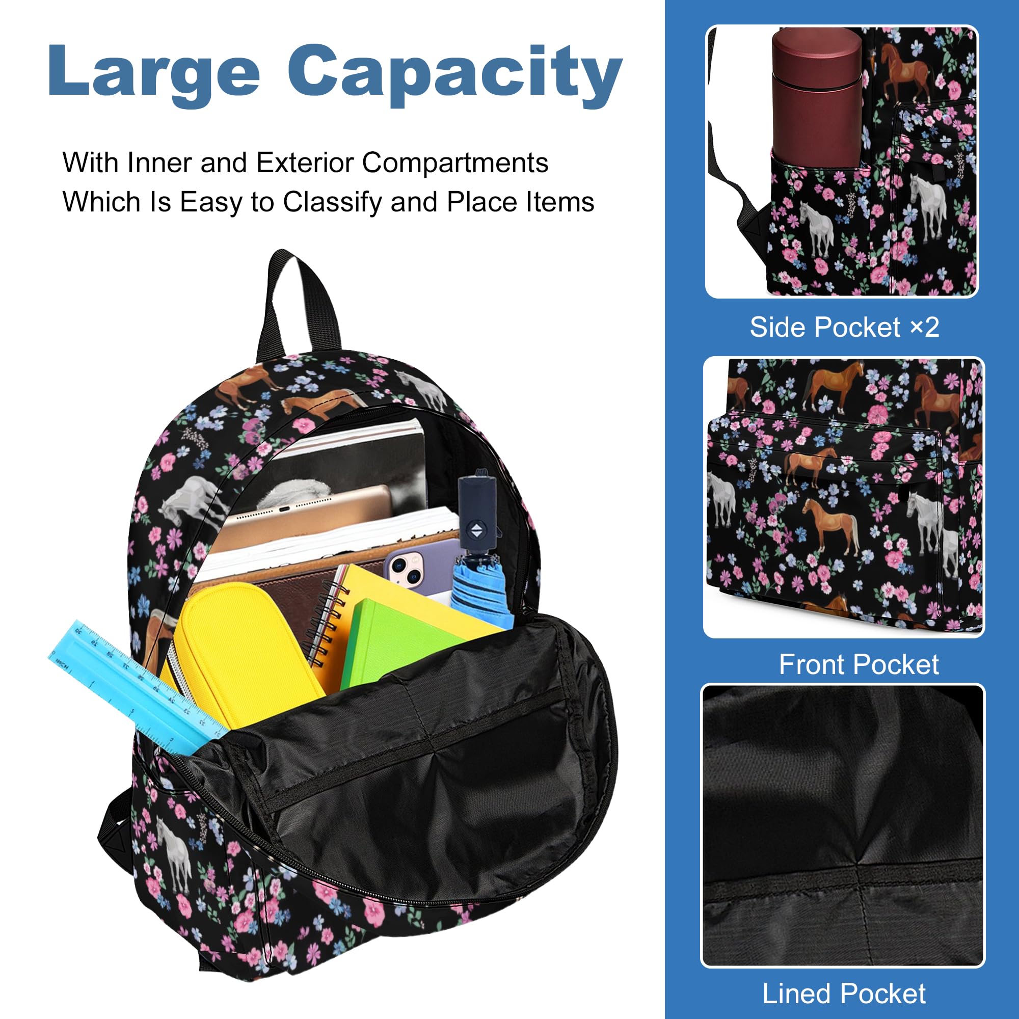 3PCS Kids Backpack Set for Boys & Girls - School Backpack with Lunch Bag & Pencil Case for Elementary & Middle School Students | Durable Bookbag for Teen Students, Perfect for School, Travel & Daily Use (Flower Horse Design)