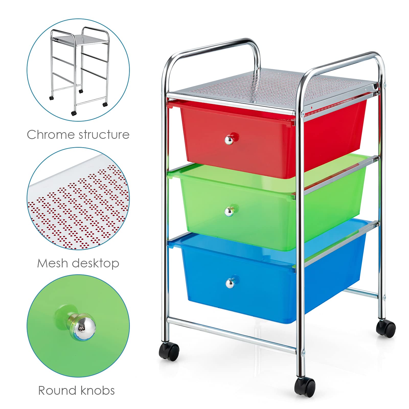GOFLAME 3-Drawer Rolling Storage Cart with Mesh Top, Handle & Lockable Wheels - Mobile Organizer for Home, Office, Kitchen, Bathroom & Dorm Room - Perfect for Office Supplies, Beauty Products & Craft Storage