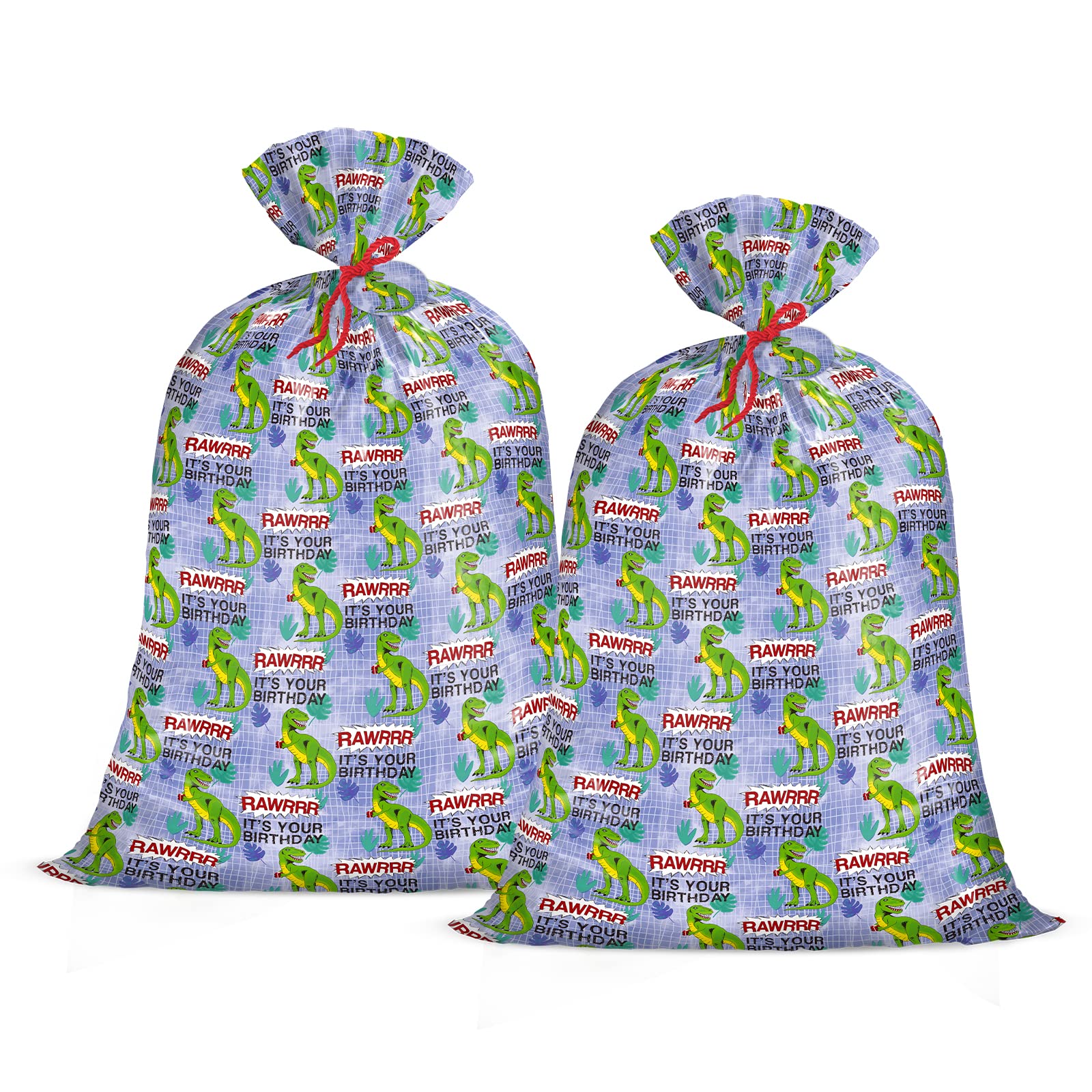 WRAPAHOLIC 56 Inch Large Plastic Birthday Gift Bags - 2 Pack Dinosaur & Birthday Theme for Baby Showers, Kids Parties, Celebrations | Reusable Decorative Present Bags for Gifts, Toys, Party Favors (56
