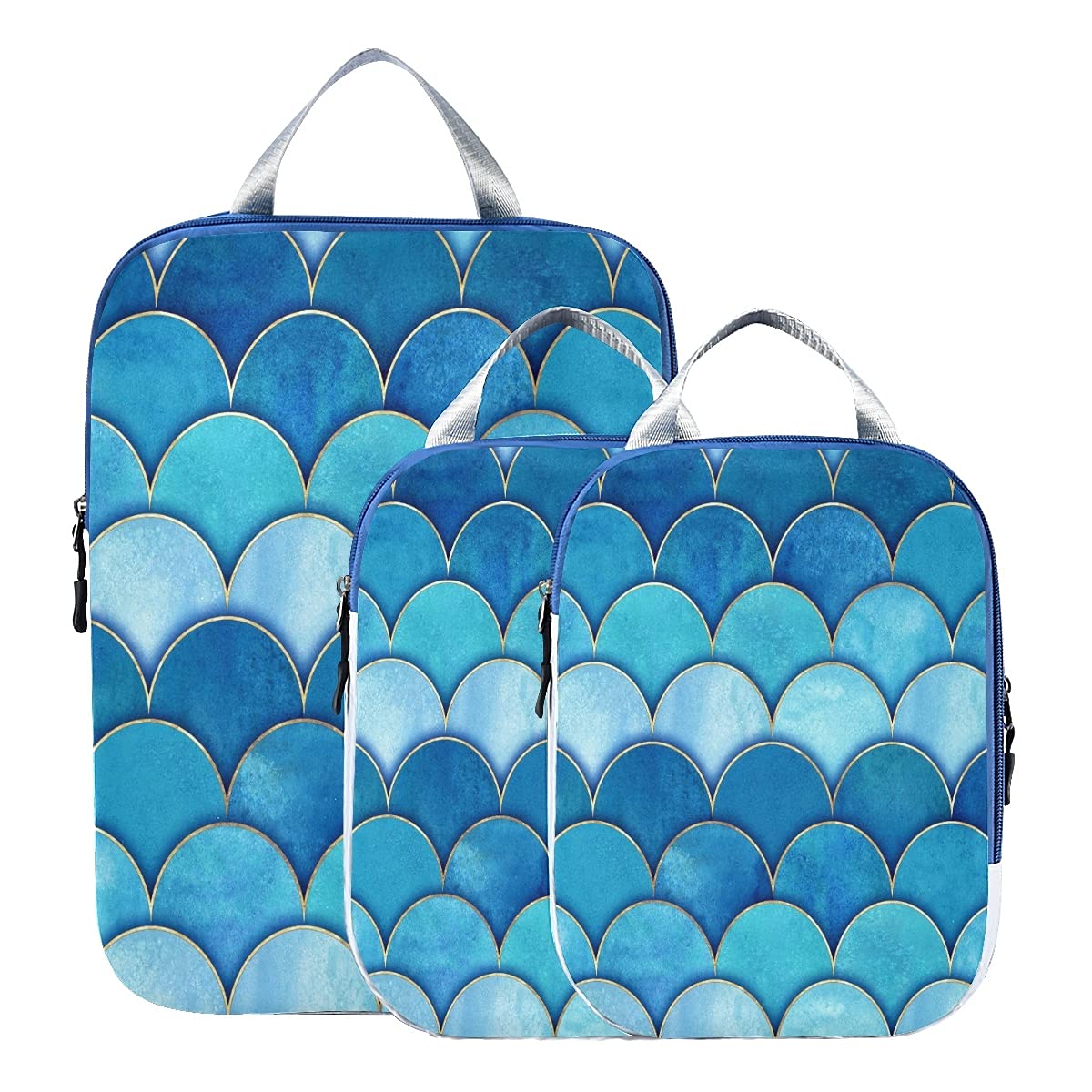 Mermaid Scale Compression Packing Cubes Set of 3 - Teal Blue Travel Organizer Bags for Suitcases | Space-Saving Luggage Organizers for Business Trips & Vacations