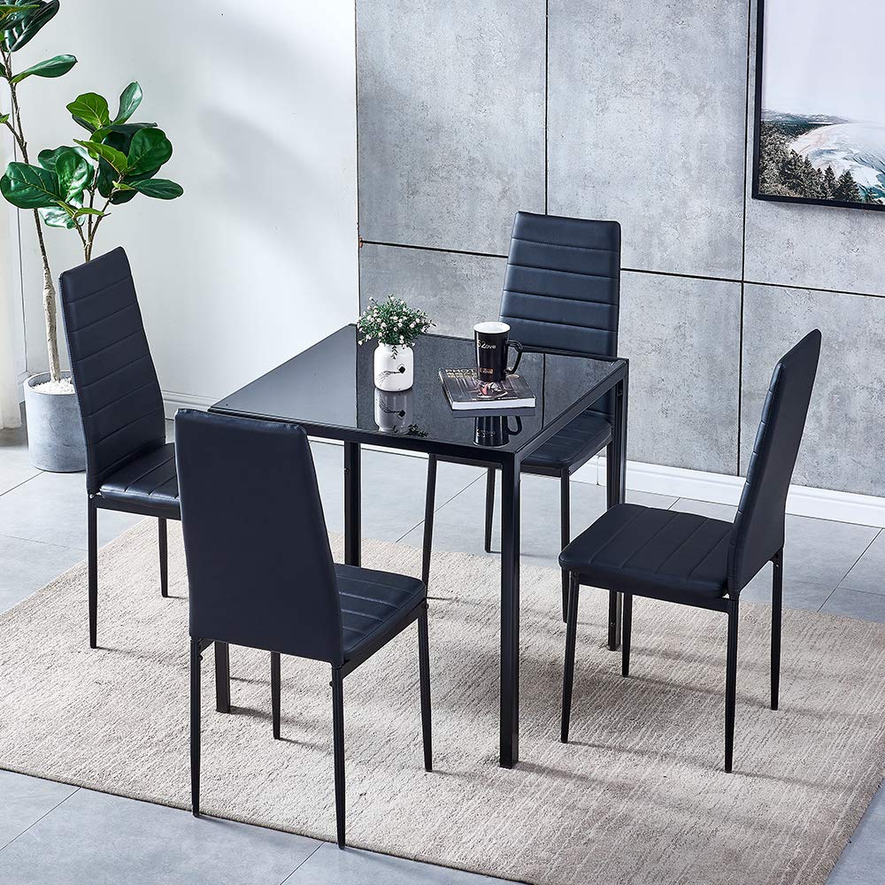 Ansley&HosHo 4-Piece Faux Leather Dining Chair Set with Sturdy Metal Legs - Modern High Back Padded Kitchen & Living Room Chairs for Home, Office or Restaurant - Comfortable Seating for Family Dinners, Entertaining Guests & Daily Use (Black)