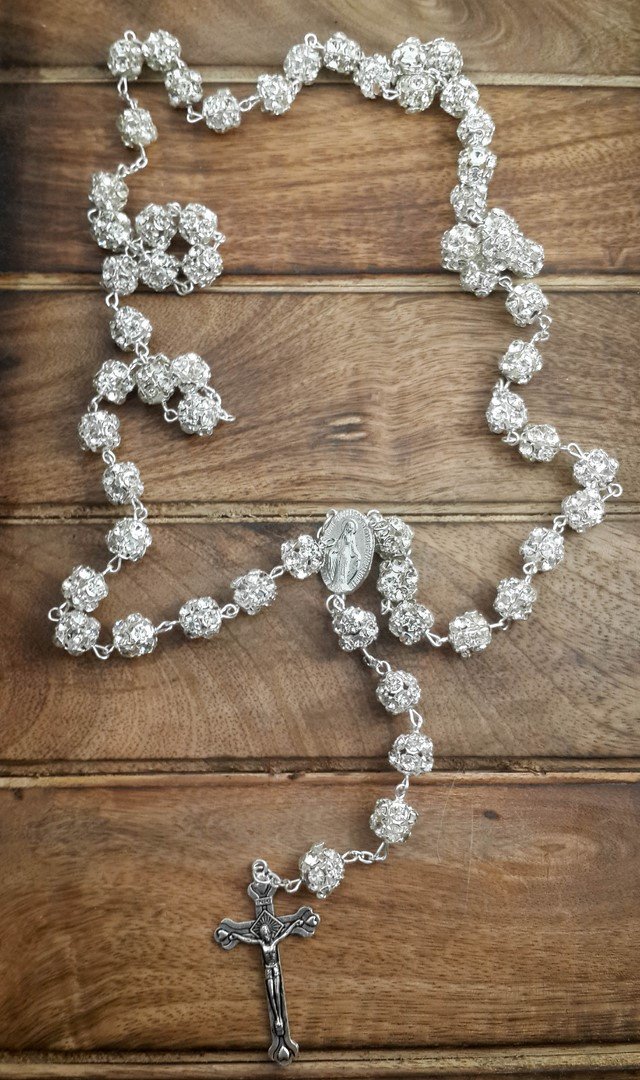 White Zircon Rosary Necklace with Miraculous Medal & Crucifix - Prayer & Gift