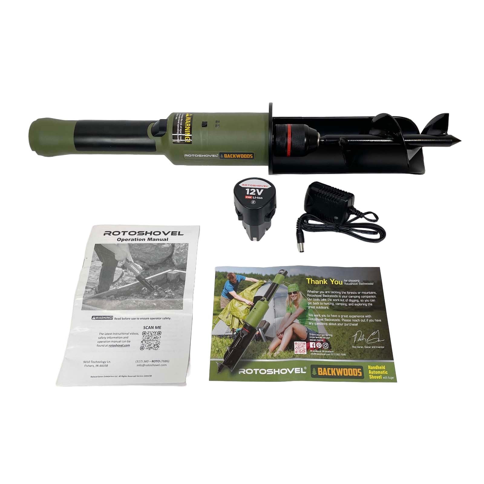 Rotoshovel Backwoods 12V Powered Handheld Auger Shovel with Safety Shutoff - Perfect for Camping, Hunting, RV Trips & Outdoor Adventures