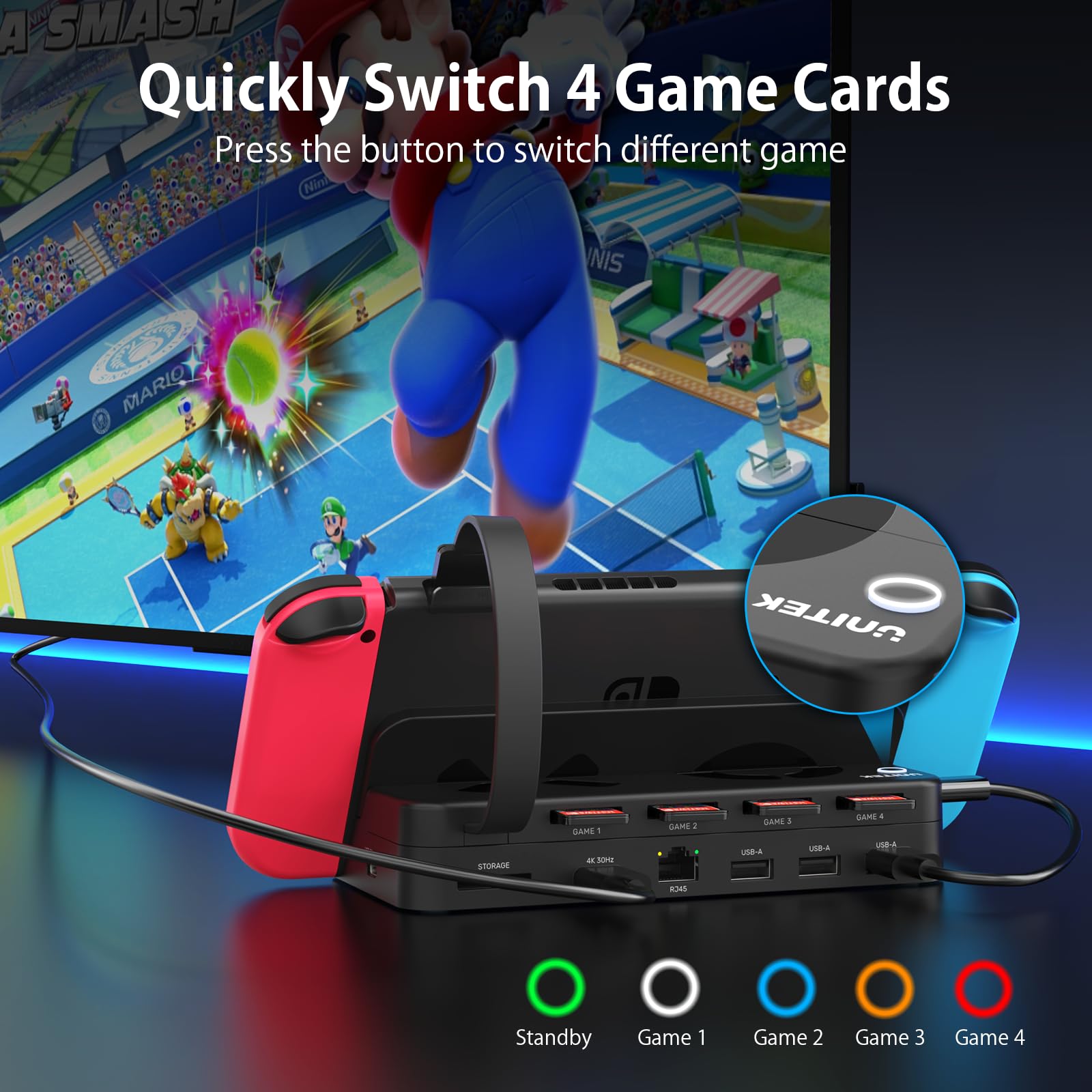 Unitek Switch Dock Station - 4K HDMI/USB 3.0/USB-C Charging Ports, Portable Nintendo Switch Dock Replacement with 4 Game Card Slots | Perfect for Travel, Home Gaming & Multiplayer Sessions