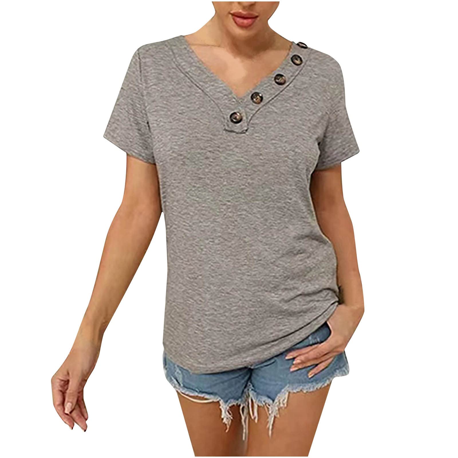 Women's Casual Short Sleeve V-Neck T-Shirt with Button Detail - Loose Fit Summer Top for Everyday Wear | Perfect for Beach, Shopping & Weekend Outings