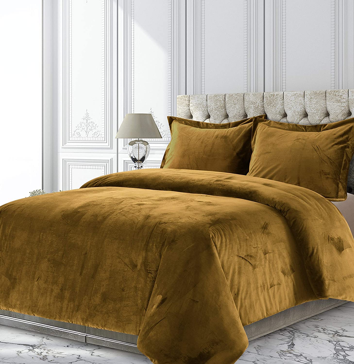 MoreComfo Velvet Camel Comforter Set Full 3 Piece (1 Comforter + 2 Pillowcases) - 300 GSM Crinkle Crushed Venice Velvet & Sherpa Quilt Duvet - Ultra Soft & Warm Bedding for Cozy Winter Nights