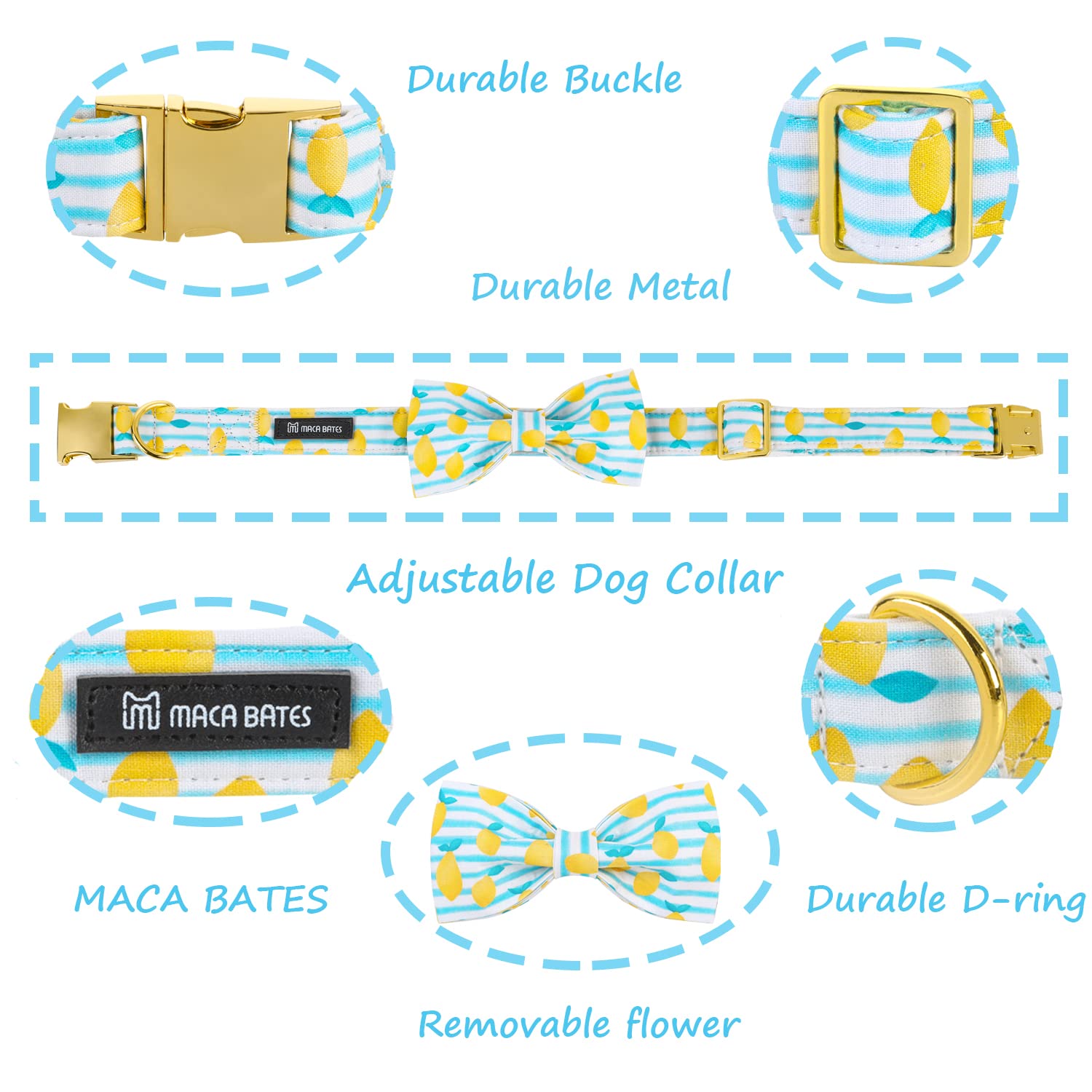 Adjustable Breakaway Dog Collar with Bow Tie - Summer Lemon Design for Small, Medium, Large Dogs & Cats - Perfect for Birthdays, Parties & Daily Walks (XS-XL)