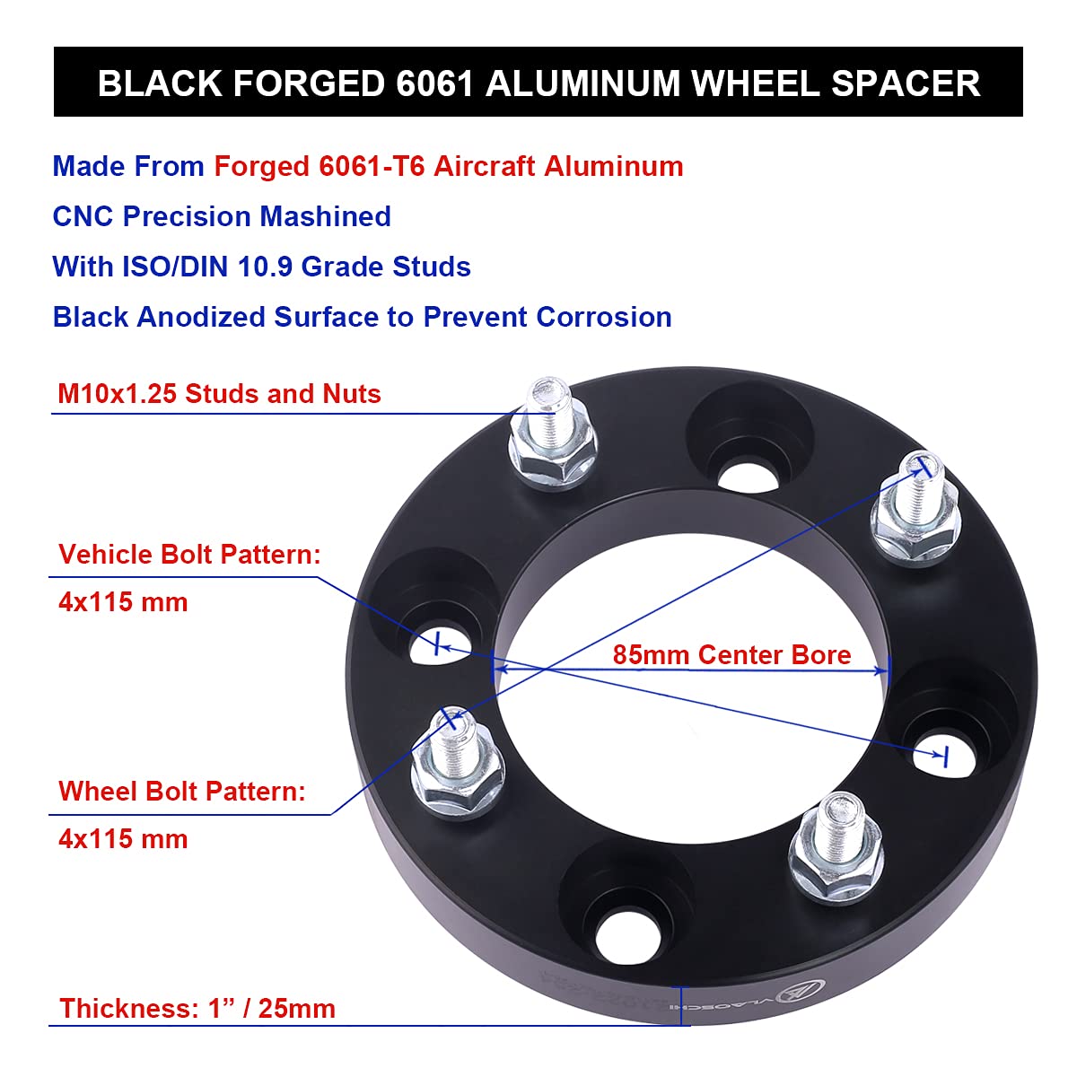 VLAOSCHI 1 Inch Black Forged ATV Wheel Spacers 4x115 Bolt Pattern with 10x1.25 Studs - Compatible with Yamaha, Arctic-Cat 4 Lug ATVs (Prowler XT 300 400 500 550 650 700, Raptor 125 350 660R 700) - Pack of 4 - Enhance Stability & Off-Road Performance for Trail Riding & Mud Adventures