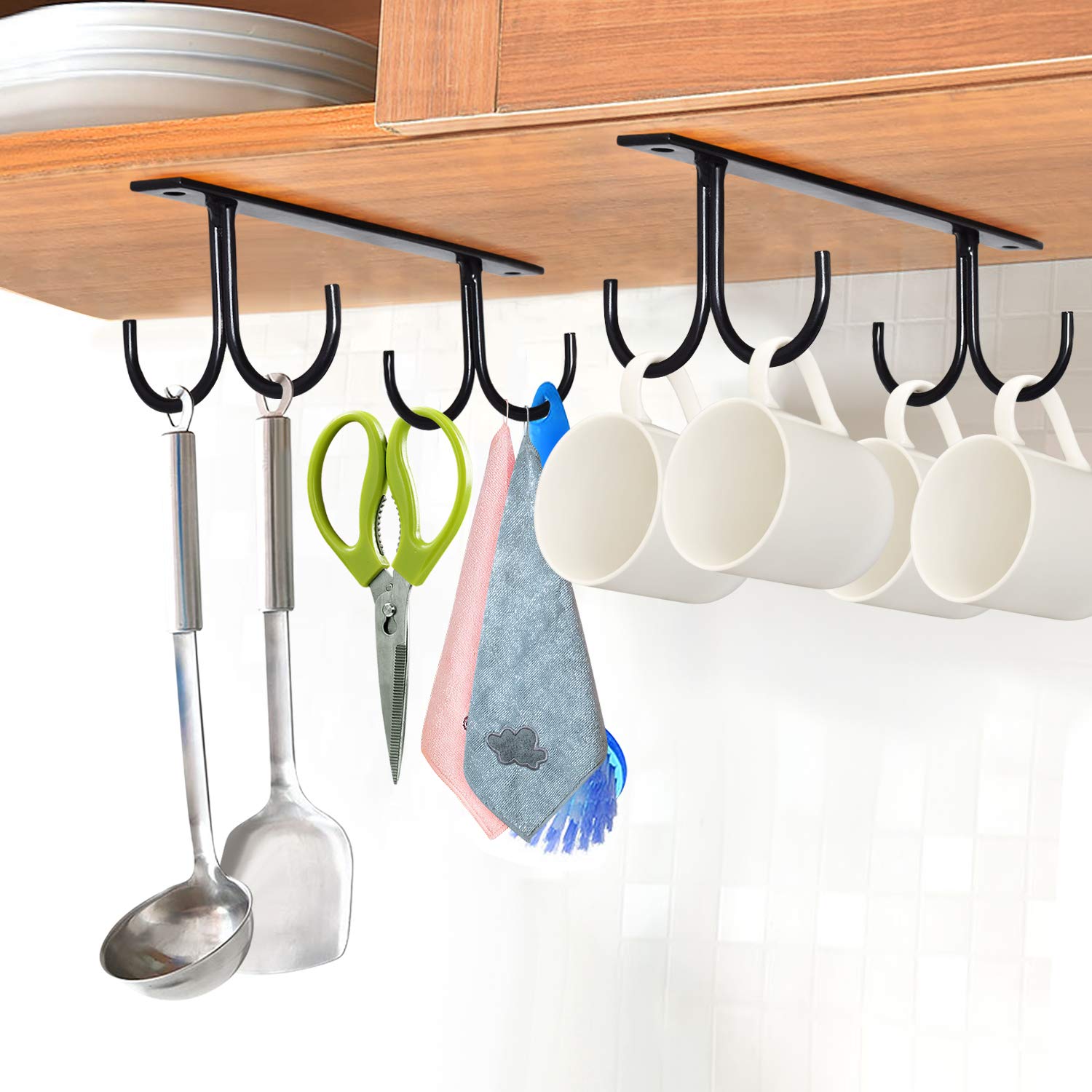 Rustic Under Cabinet Mug Rack - 2 Pack Black Cup Holder with 8 Hooks for Mugs, Coffee Cups & Kitchen Utensils - Space Saving Shelf Organizer for Kitchen, Office or Coffee Shop Display