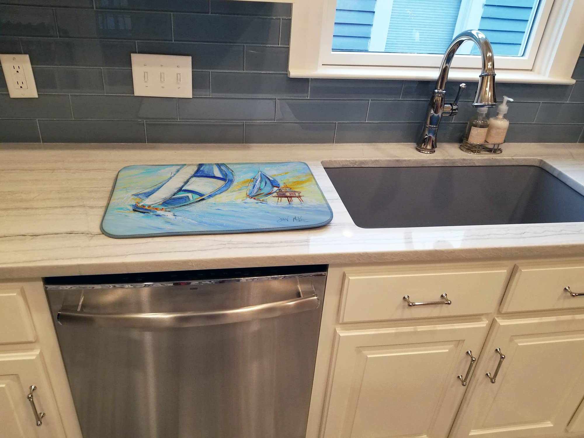Sailboats Dish Drying Mat - Absorbent Kitchen Counter Pad for Dishes, 14x21