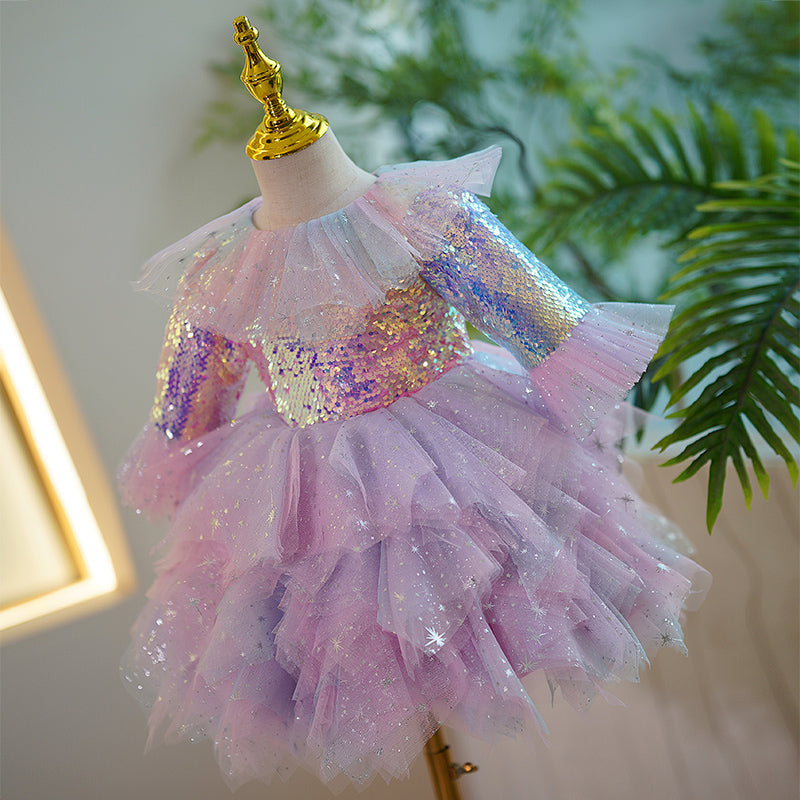Lilac Sequin A-Line Flower Girl Dress with Bell Sleeves - Perfect for Weddings, Pageants & Special Occasions
