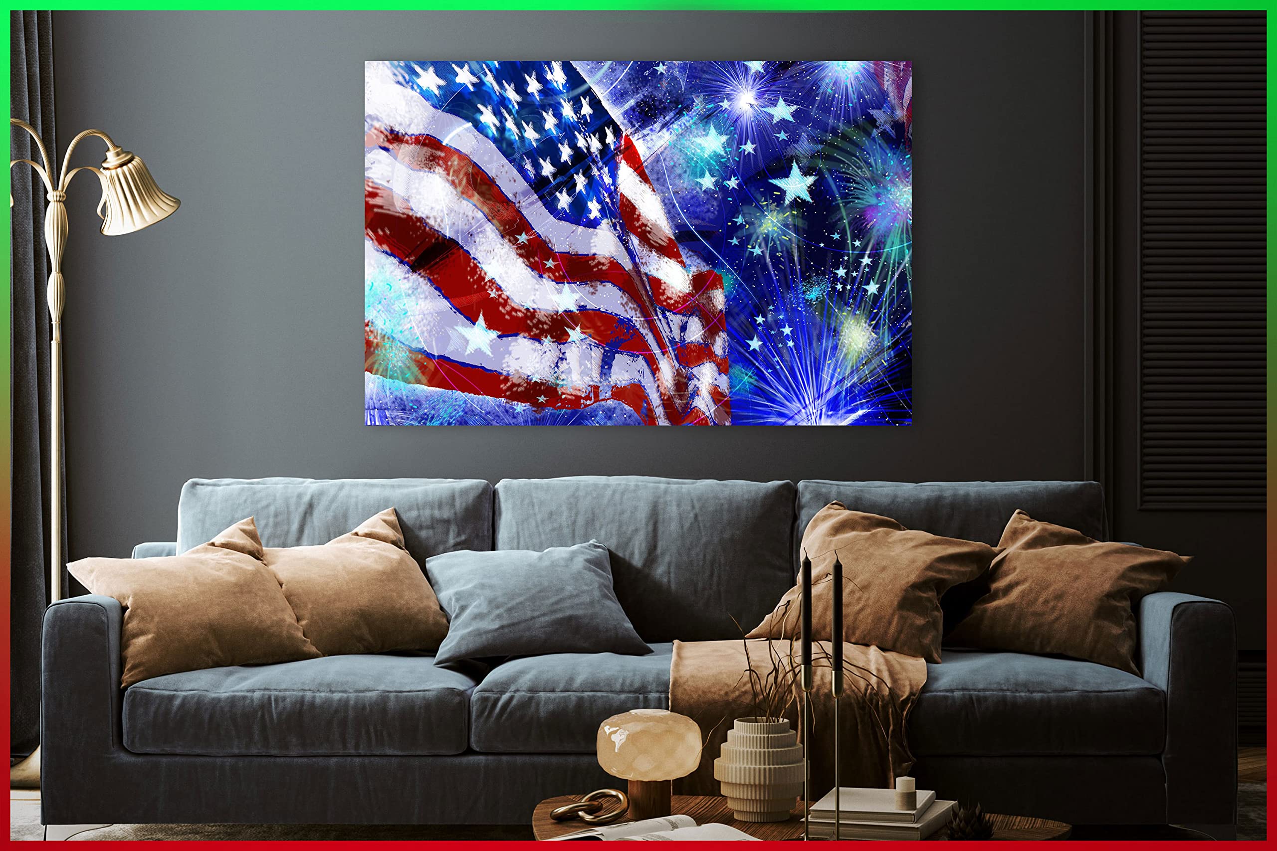 American Flag & Fireworks Canvas Wall Art - Framed Home Decor for Bedroom, Living Room, Kitchen & Bathroom - Ready to Hang 11x17 Inches - Perfect for Patriotic Holidays, Office Decor & Gift Giving