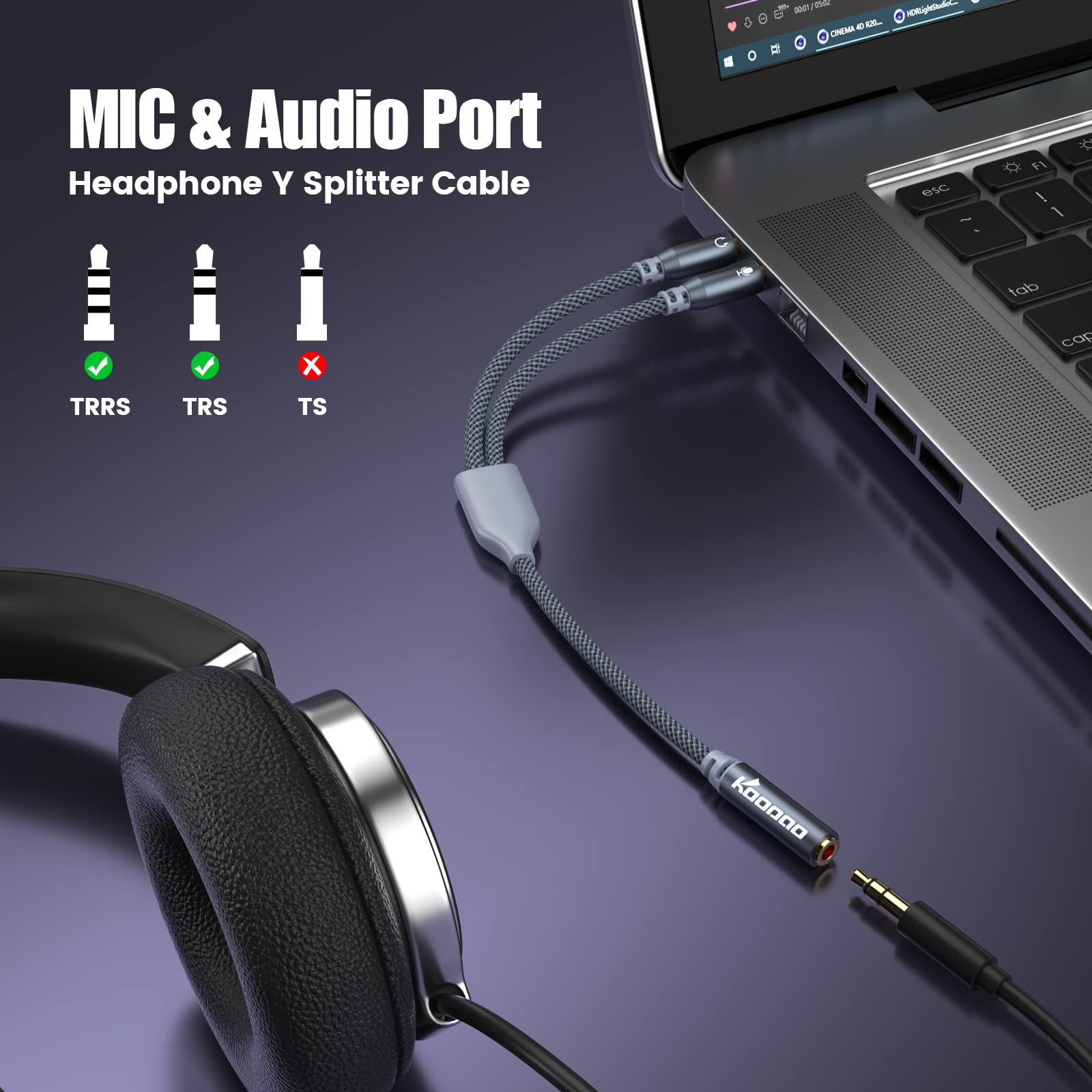 KOOPAO 3.5mm Headphone Splitter Mic Cable - Female to 2 Male Y Splitter with Headphone & Mic Function for PC, Laptop, Gaming Headset, PS4 - Perfect for Multiplayer Gaming & Online Meetings