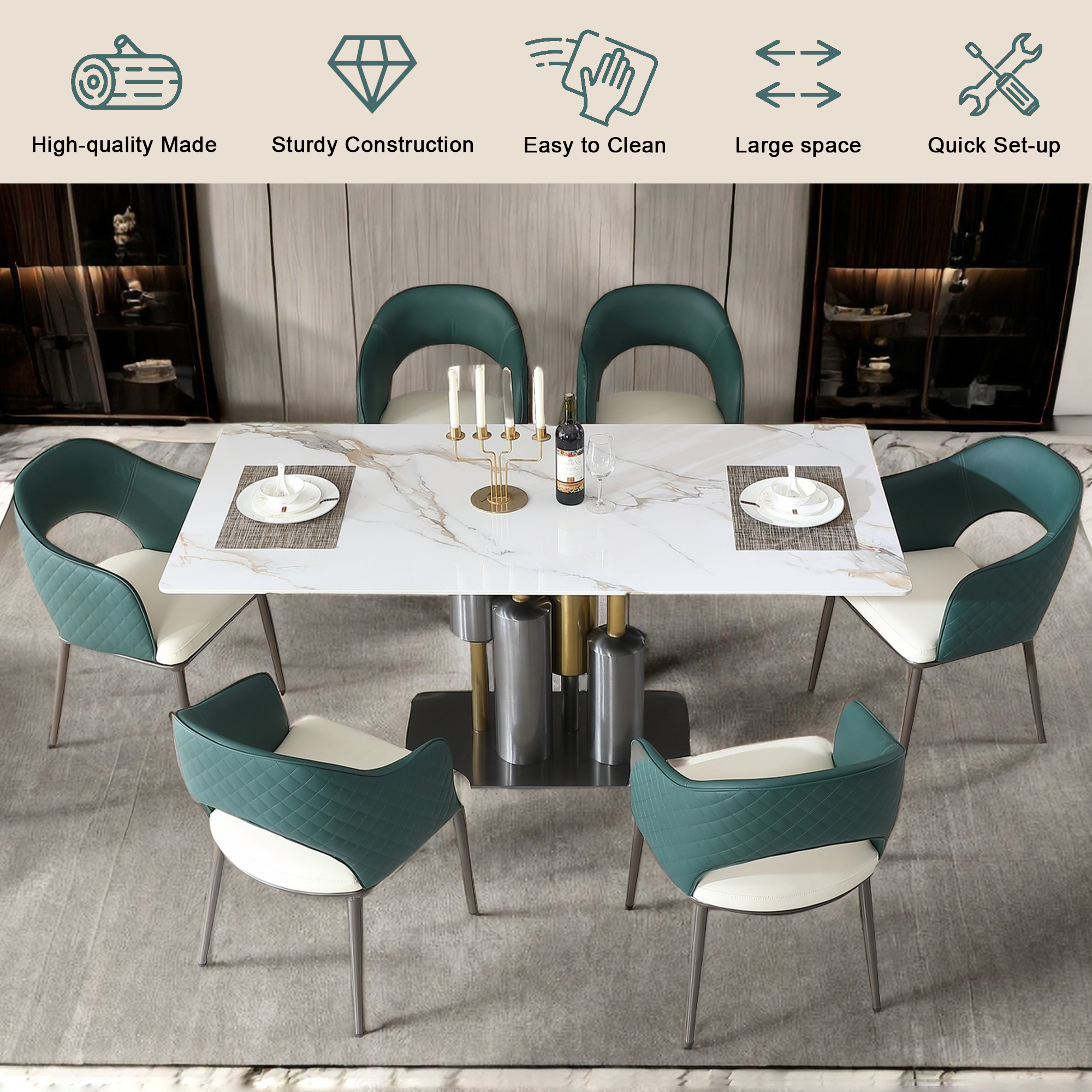 Modern Faux Leather Dining Chairs Set of 2 - Metal Legs, Green Upholstered Kitchen & Dining Room Chairs for Home, Restaurant, or Office Use