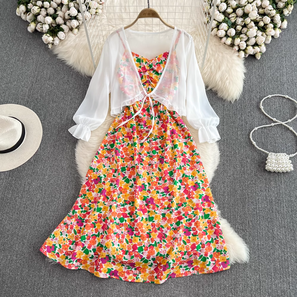 Fairy Chiffon Cardigan & Sleeveless A-Line Floral Dress 2-Piece Set for Women - Summer Beach Cover Up, Boho Wedding Guest Outfit, Casual Date Night Dress