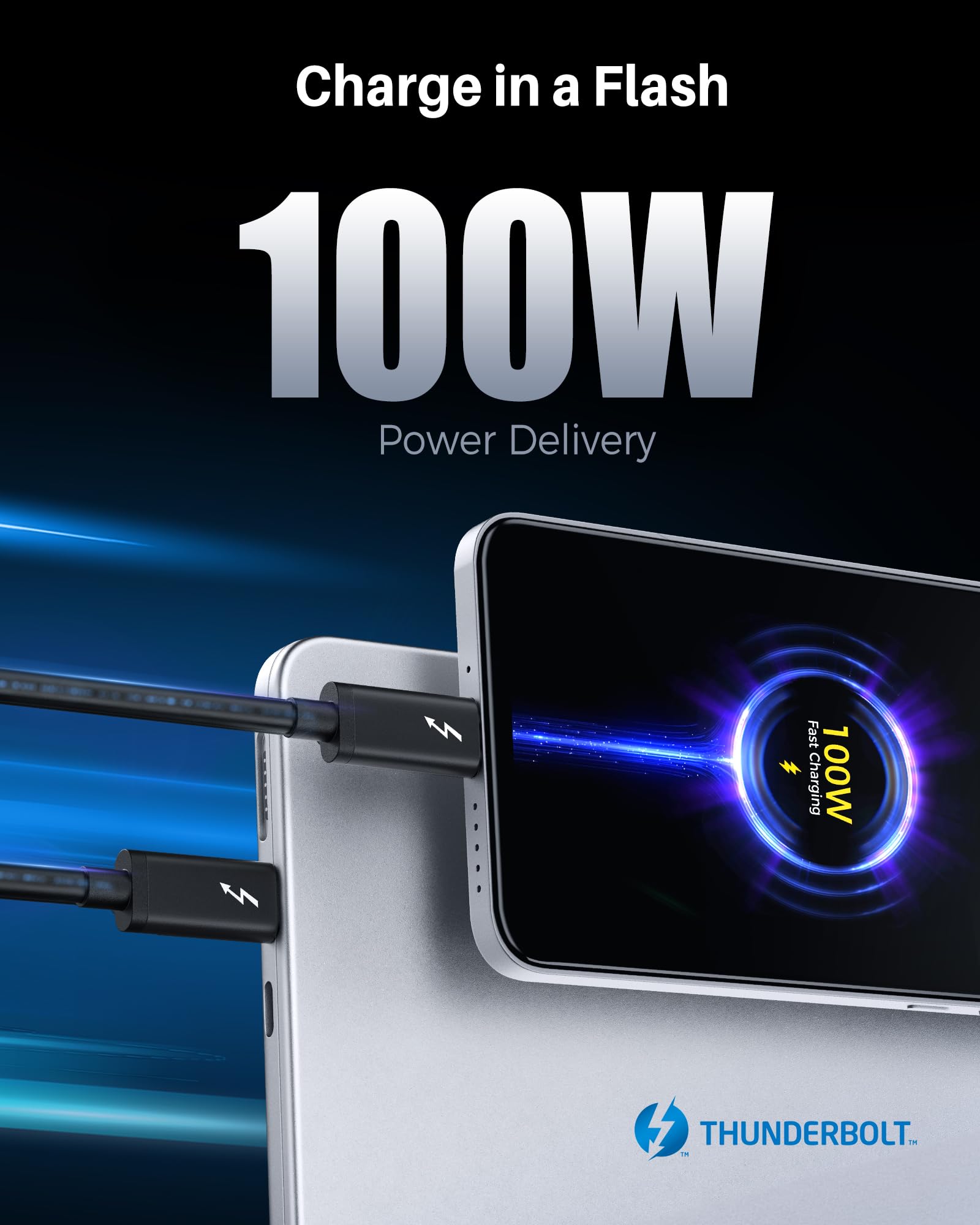 Intel Certified 20Gbps Thunderbolt 3 Cable 6.6ft - USB-C Fast Charging & 8K Video Support | 100W Power Delivery & High-Speed Data Transfer | Ideal for MacBook Pro, Dell XPS & Gaming Laptops (Black)