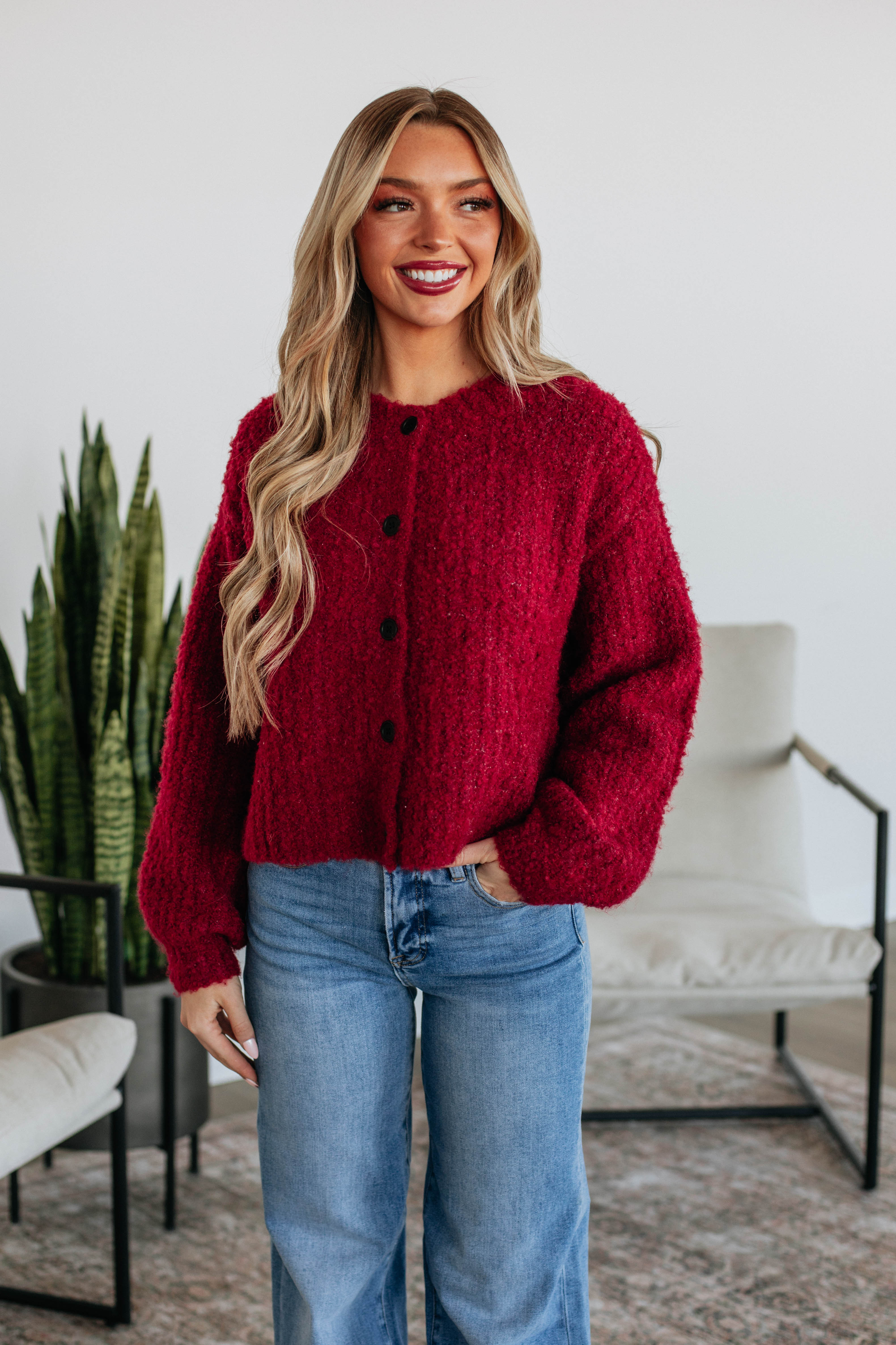 Jodie Knit Cardigan for Women - Soft Crimson Red Long Sleeve Open Front Sweater | Perfect for Fall, Winter, Office Wear & Casual Outfits