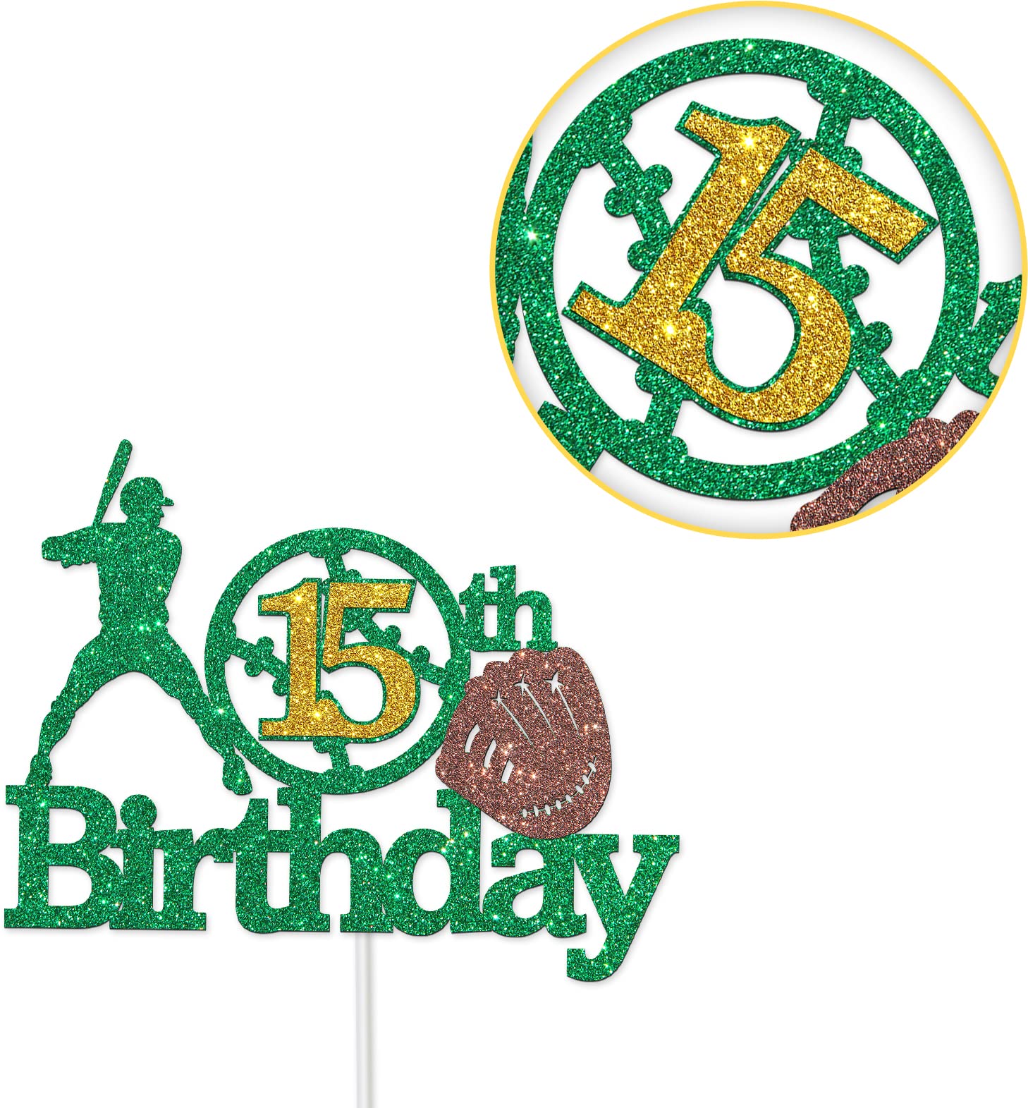Baseball Sports Theme 15th Birthday Cake Topper for Boys - Green Glitter 'Cheers to 15 Years' Cake Decorations - Perfect for Sports Themed Birthday Parties, Sweet 16 Decor & Teen Celebrations