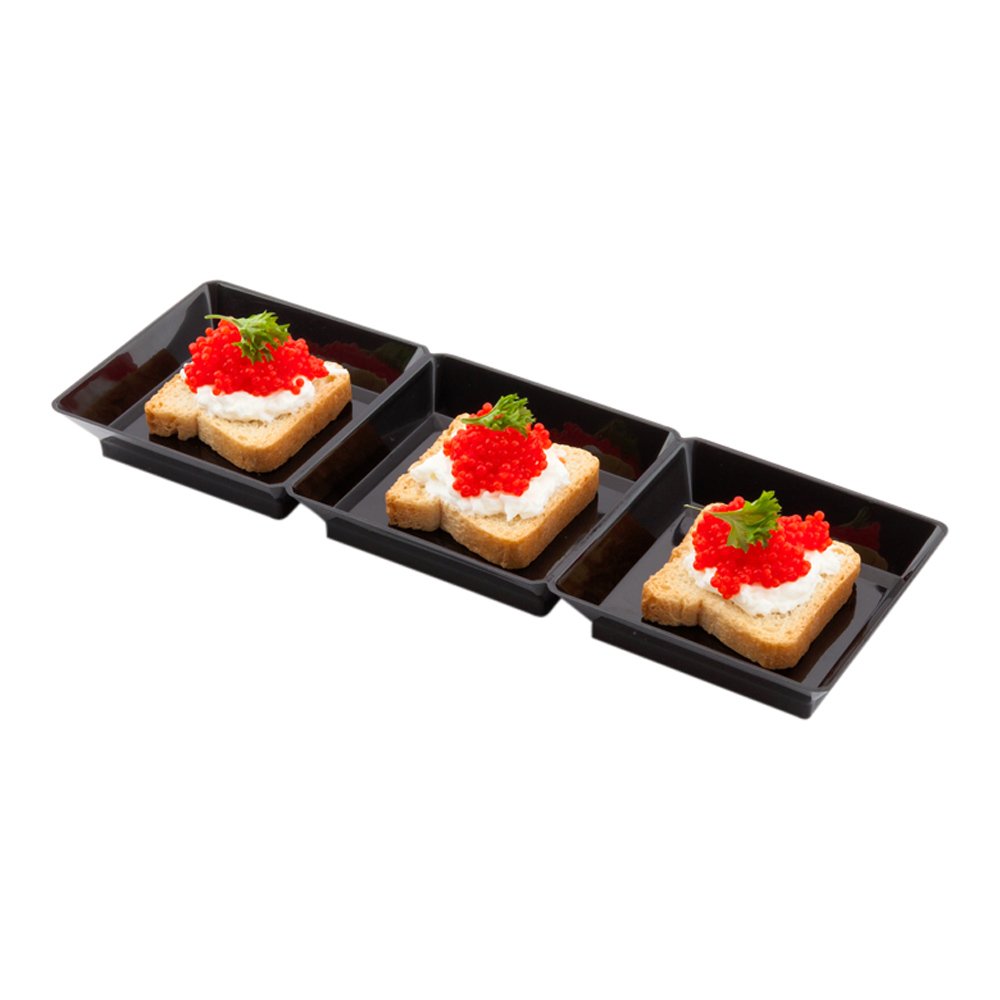 Disposable Black Plastic 3-Compartment Serving Trays 7.5x2.5 Inch - 100-Pack Divided Plates for Condiments, Appetizers & Snacks | Perfect for Restaurants, Catering & Party Food Service (Lids Sold Separately)