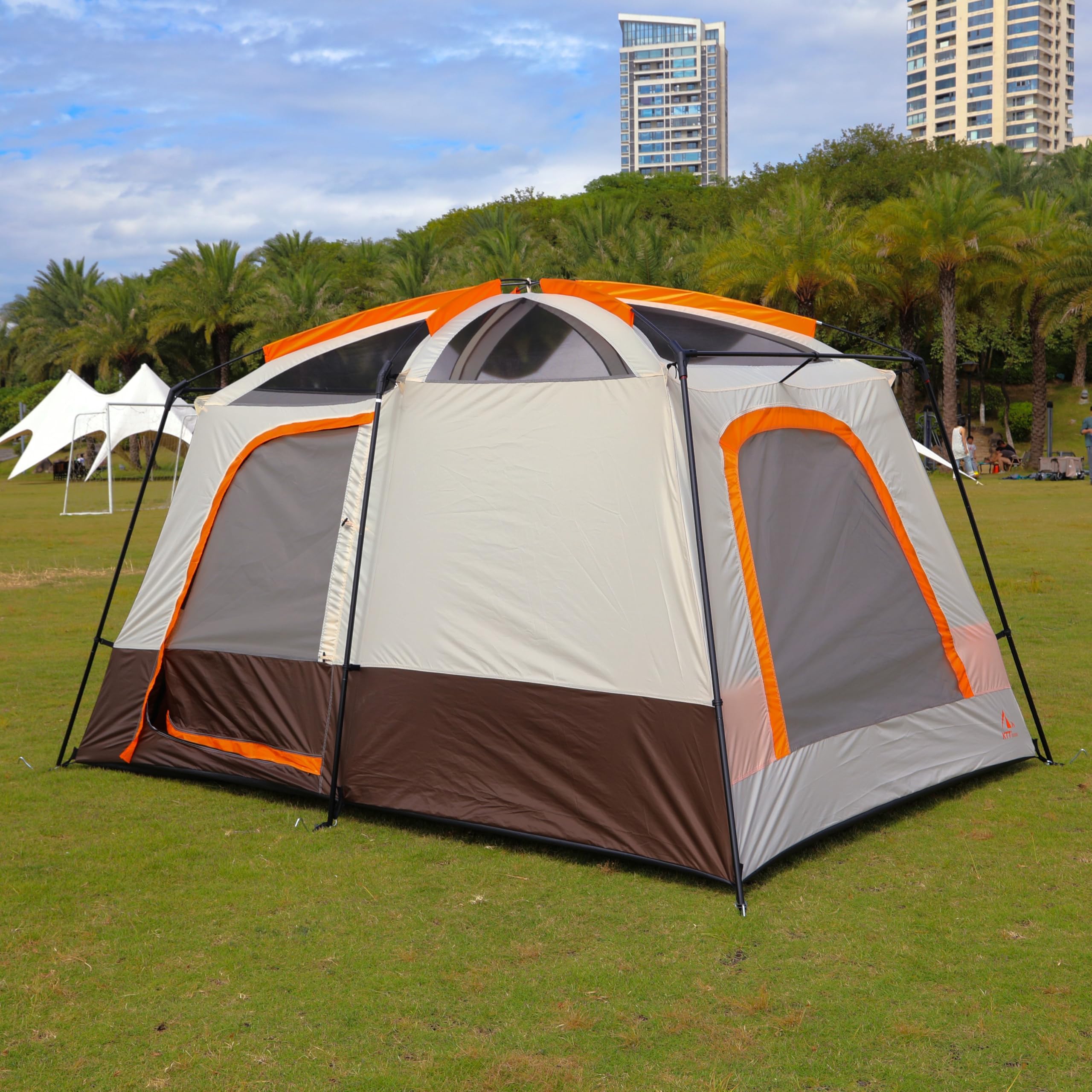 KTT Large Family Camping Tent for 6-8 Person, Waterproof Straight Wall Cabin Tent with 3 Doors & 3 Mesh Windows - Perfect for Outdoor Adventures, Picnics, Family Gatherings & Backyard Camping