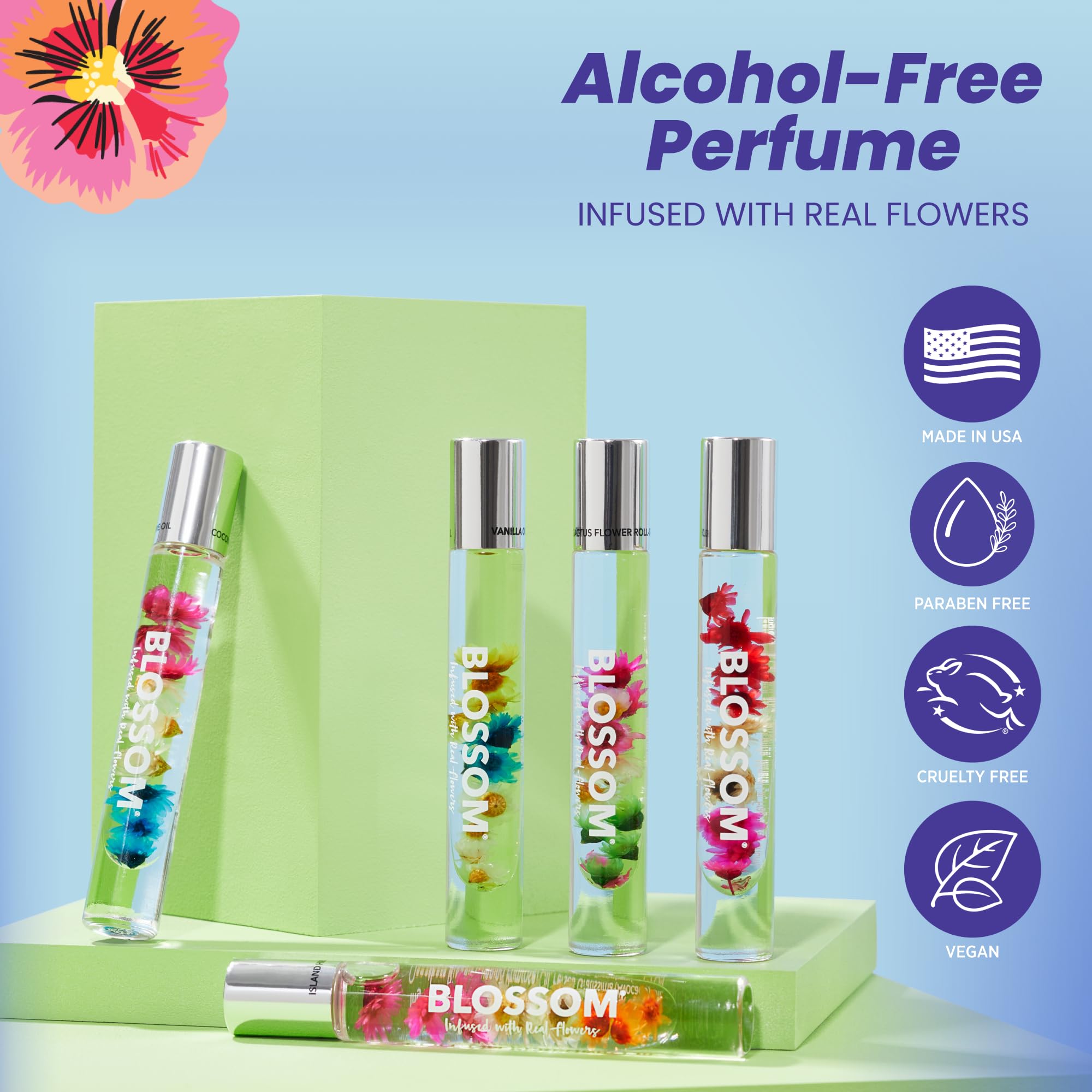Blossom Roll-On Perfume Oil for Women - Alcohol-Free Essential Oil Rollerball with Real Flowers (Rose, Violet, Lily, Magnolia, Amber, Cedarwood) | 0.20oz | Made in USA | Perfect for Daily Wear, Date Nights & Gift Giving