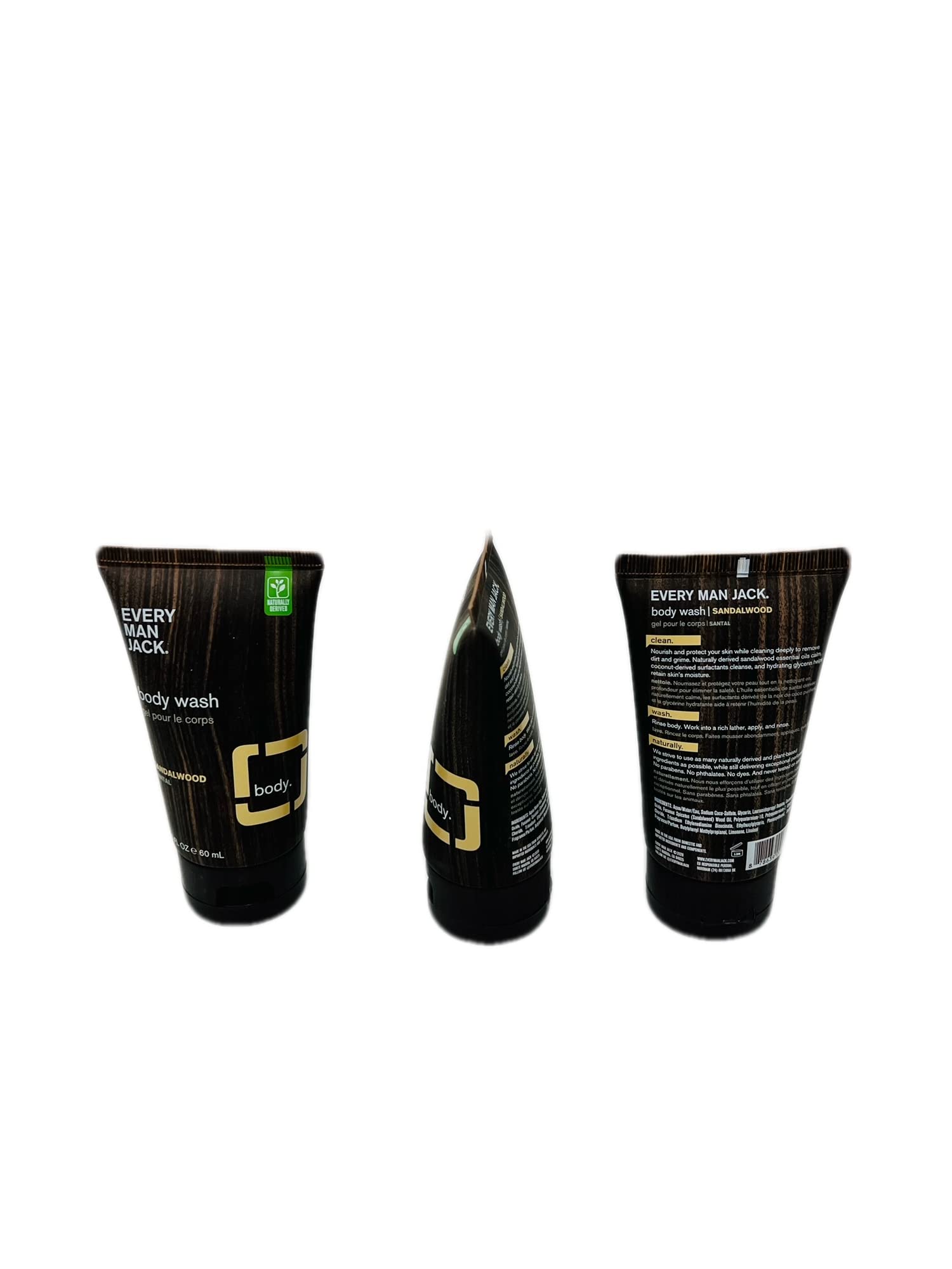 Every Man Jack Sandalwood Body Wash for Men - Travel Size 2.0 Fl Oz (3 Pack) - Natural Ingredients, Moisturizing & Refreshing - Perfect for Gym, Travel & Daily Shower Routine