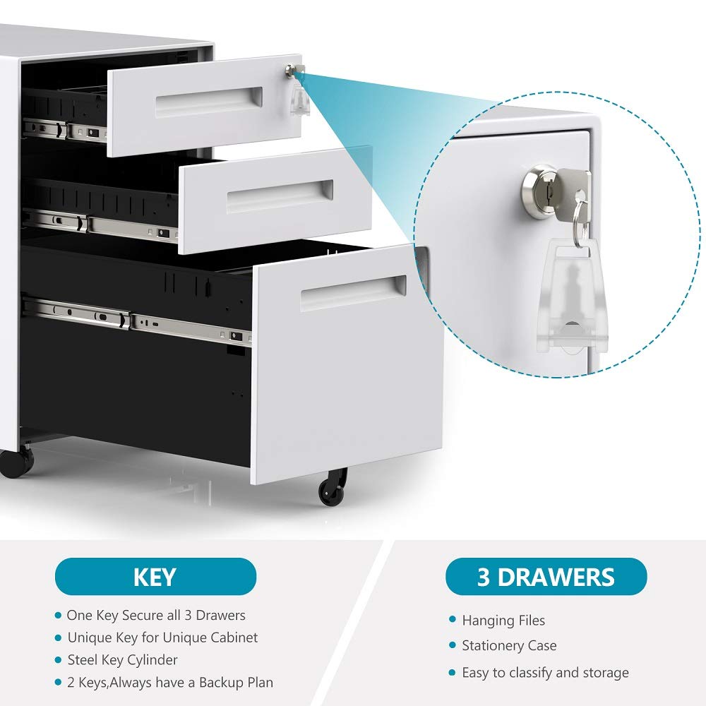 3-Drawer Mobile File Cabinet with Lock - Under Desk Rolling Storage Organizer, White Office File Cabinet Fully Assembled - Perfect for Home, Office & Workspace Organization