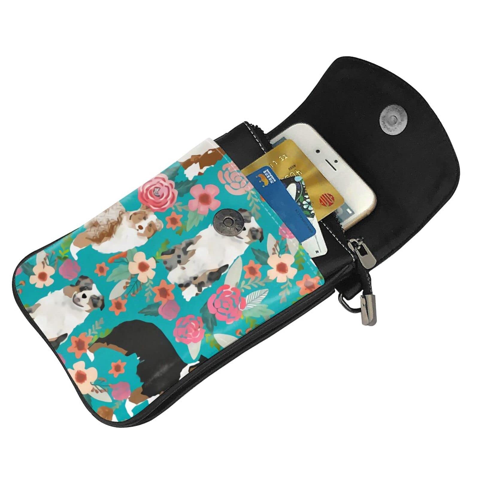 Australian Shepherd Dog Floral Print PU Leather Crossbody Phone Purse for Women - Stylish Small Wallet Bag for Daily Use, Travel & Shopping