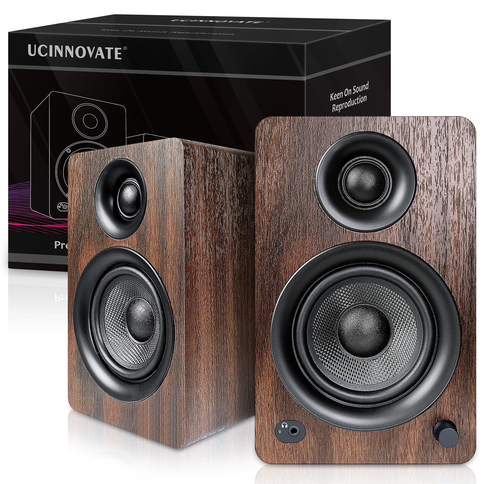 UCINNOVATE Active Bookshelf Speakers - Wireless Bluetooth & AUX Input HiFi Bookshelf Speakers with Wooden Enclosure, Dynamic 3D Surround Sound for Home Audio, Gaming & PC - Perfect for Music Listening, Vinyl Records, Home Theater & Office Use (Pair)