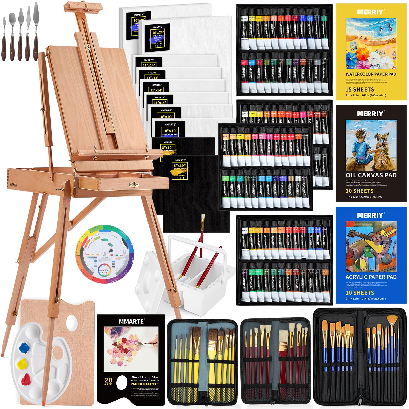 MERRIY 155-Piece Professional Artist Painting Kit - Includes French Easel, 48 Acrylic Paints, 24 Oil Paints & 24 Watercolors - Complete Art Set for Adults, Beginners & Professional Artists | Perfect for Studio Work, Outdoor Painting & Art Classes