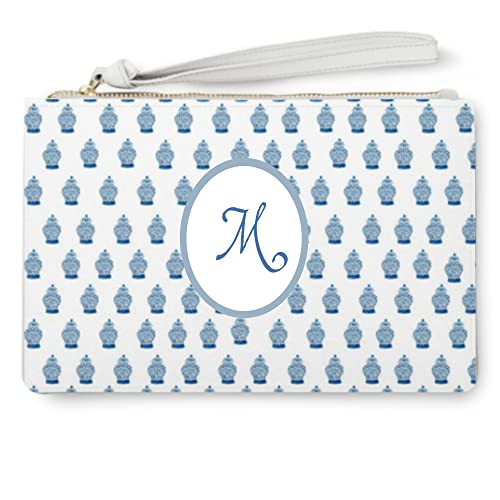 Blue Chinoiserie Ginger Jar Print Wristlet Clutch Bag - Vegan Saffiano Leather Crossbody Purse for Women, Perfect for Evening Parties, Weddings & Special Occasions