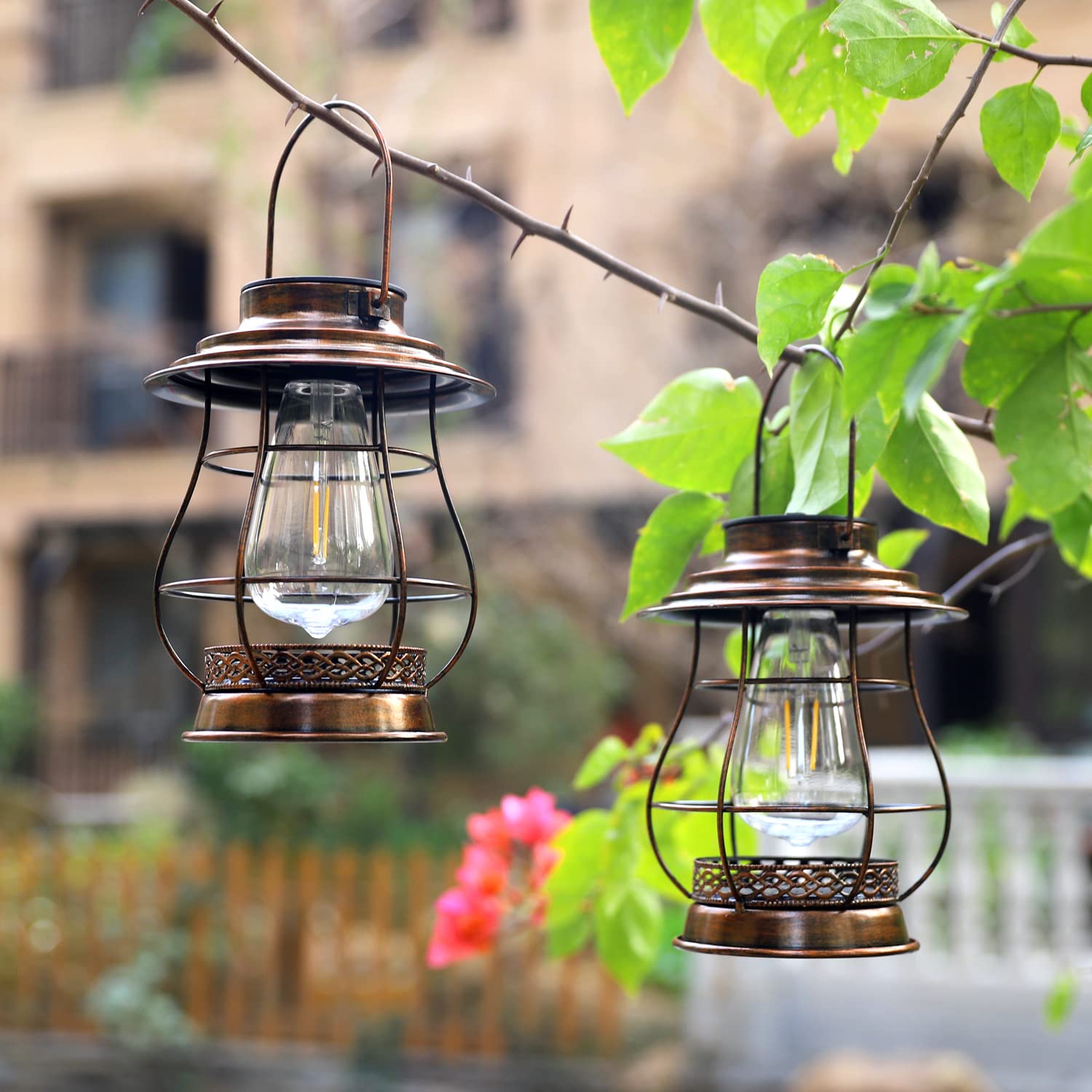 2 Pack Solar Outdoor Hanging Lights - Waterproof LED Garden Lanterns with Retro Design for Courtyard, Lawn, Patio & Pathway Decor | Perfect for Backyard, Porch, and Outdoor Party Lighting